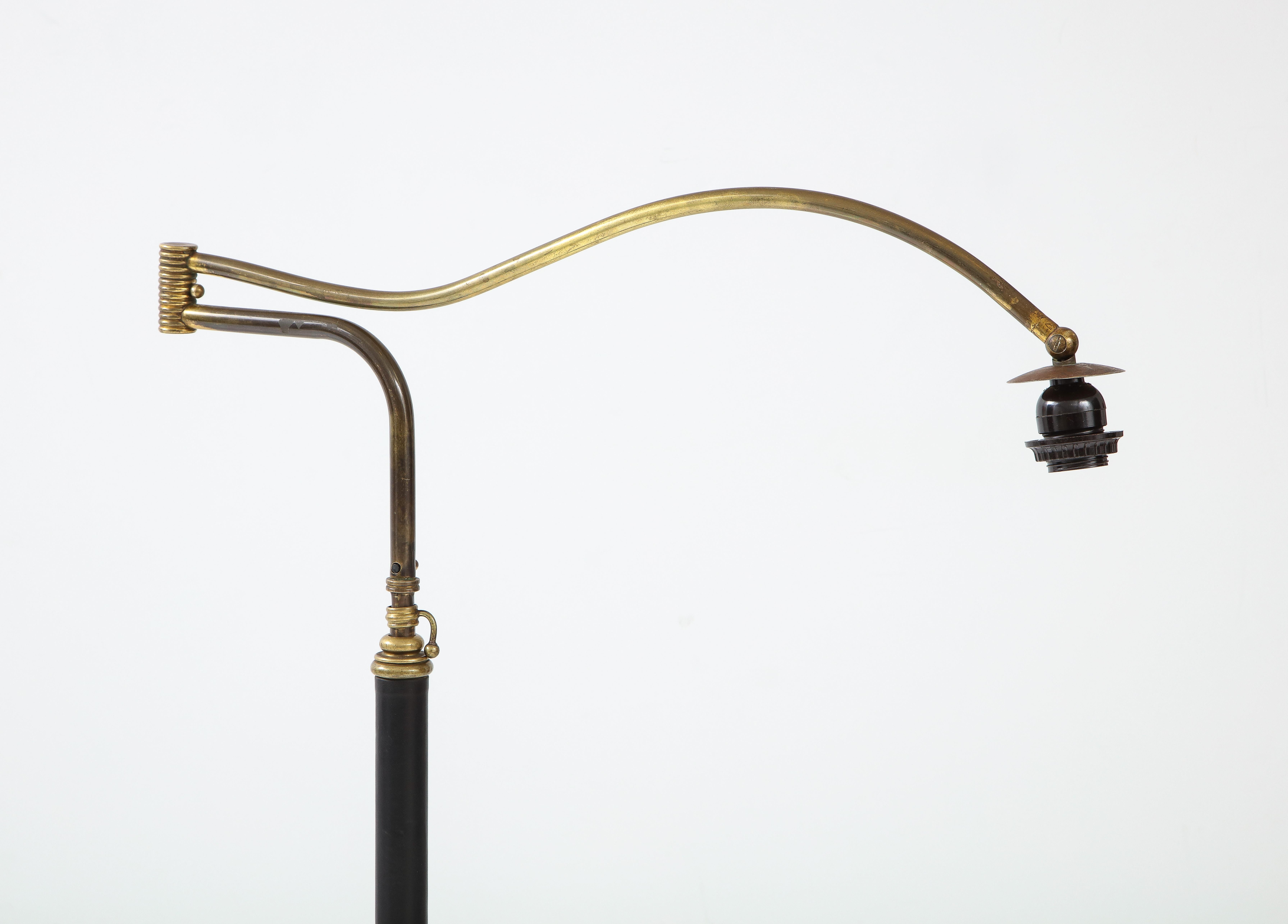 French Jacques Adnet Style Brass and Leather Swing Arm Floor Lamp