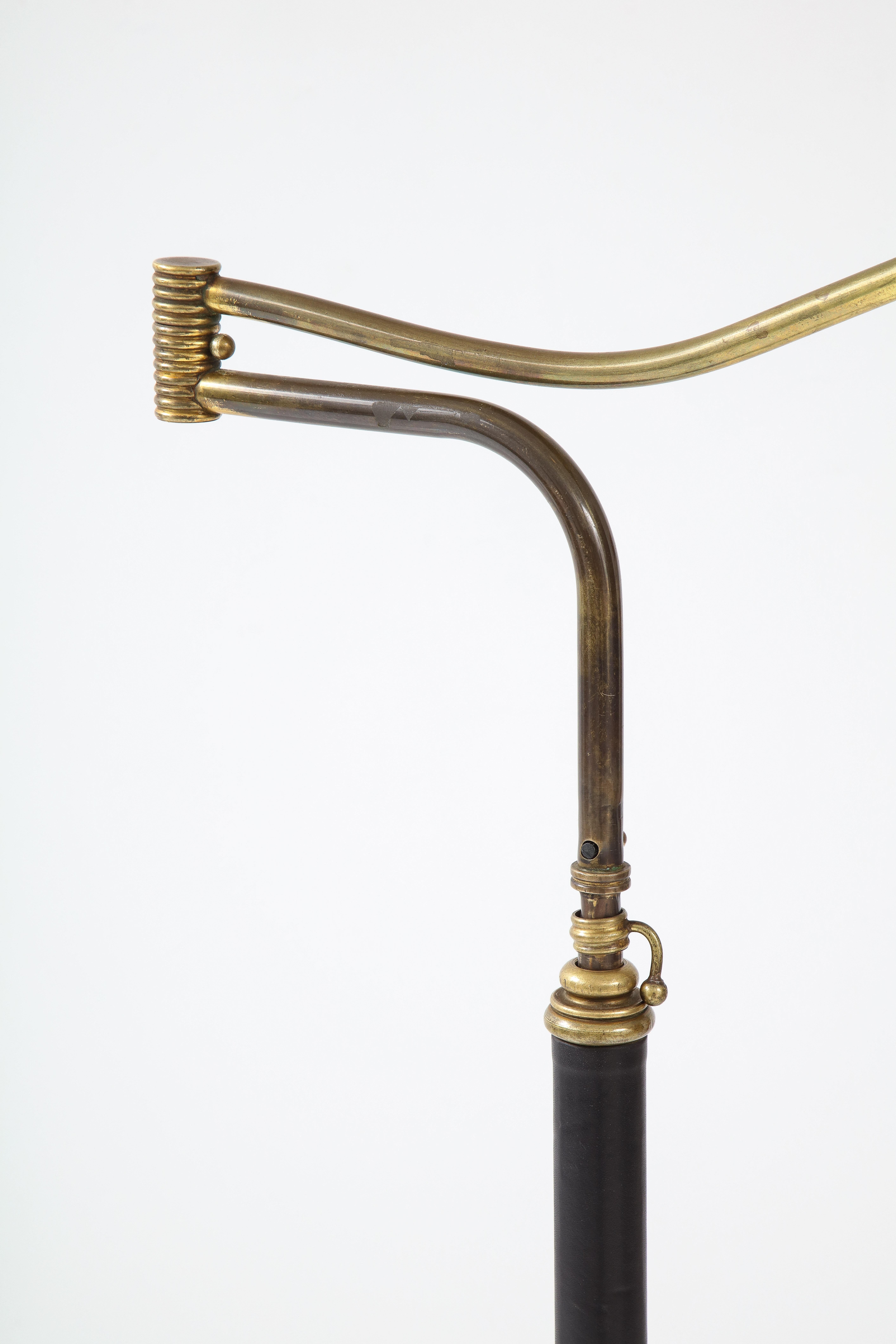 Jacques Adnet Style Brass and Leather Swing Arm Floor Lamp In Good Condition In New York, NY