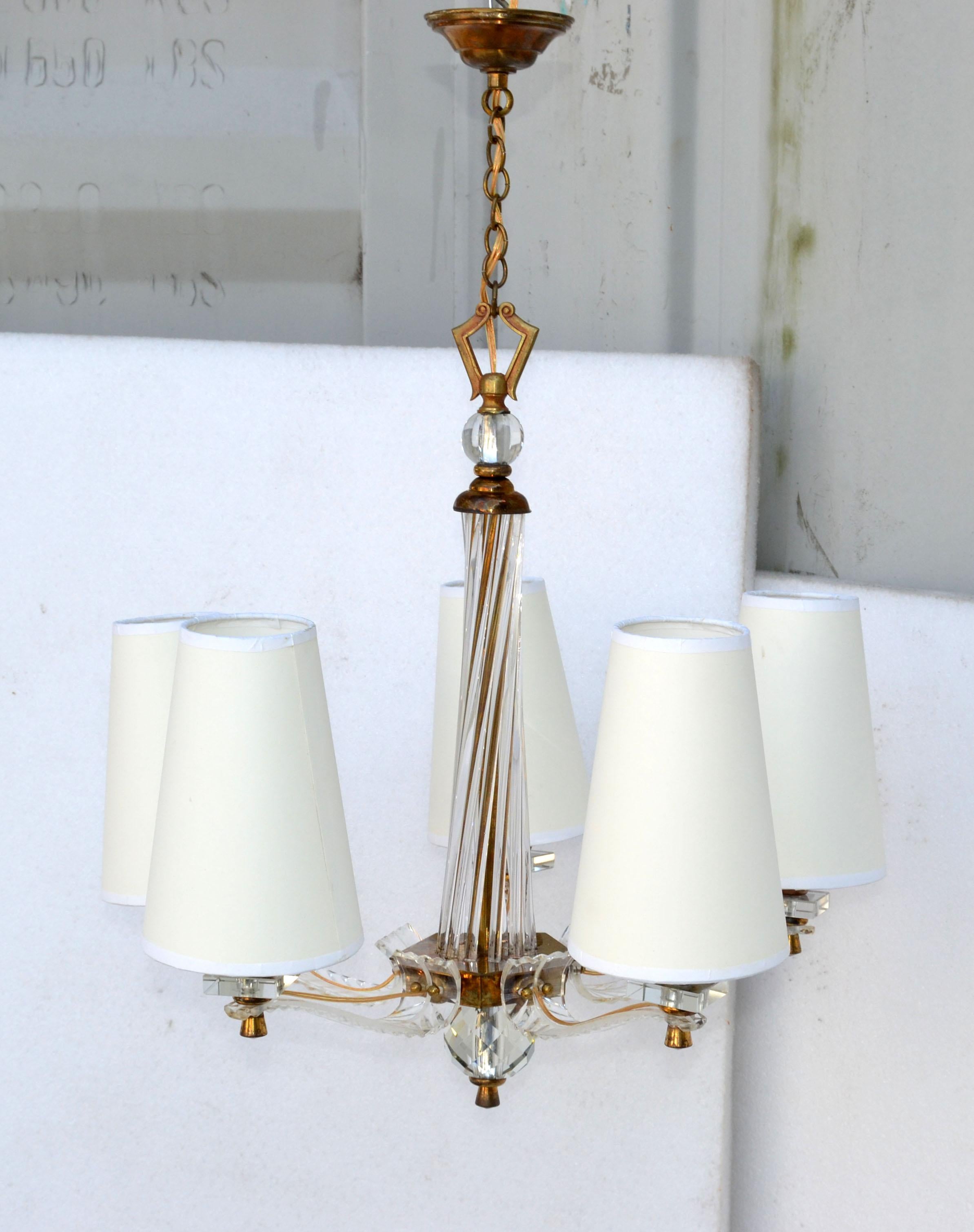 Jacques Adnet Style Brass Lucite & Glass Rods 5 Light French Chandelier 6