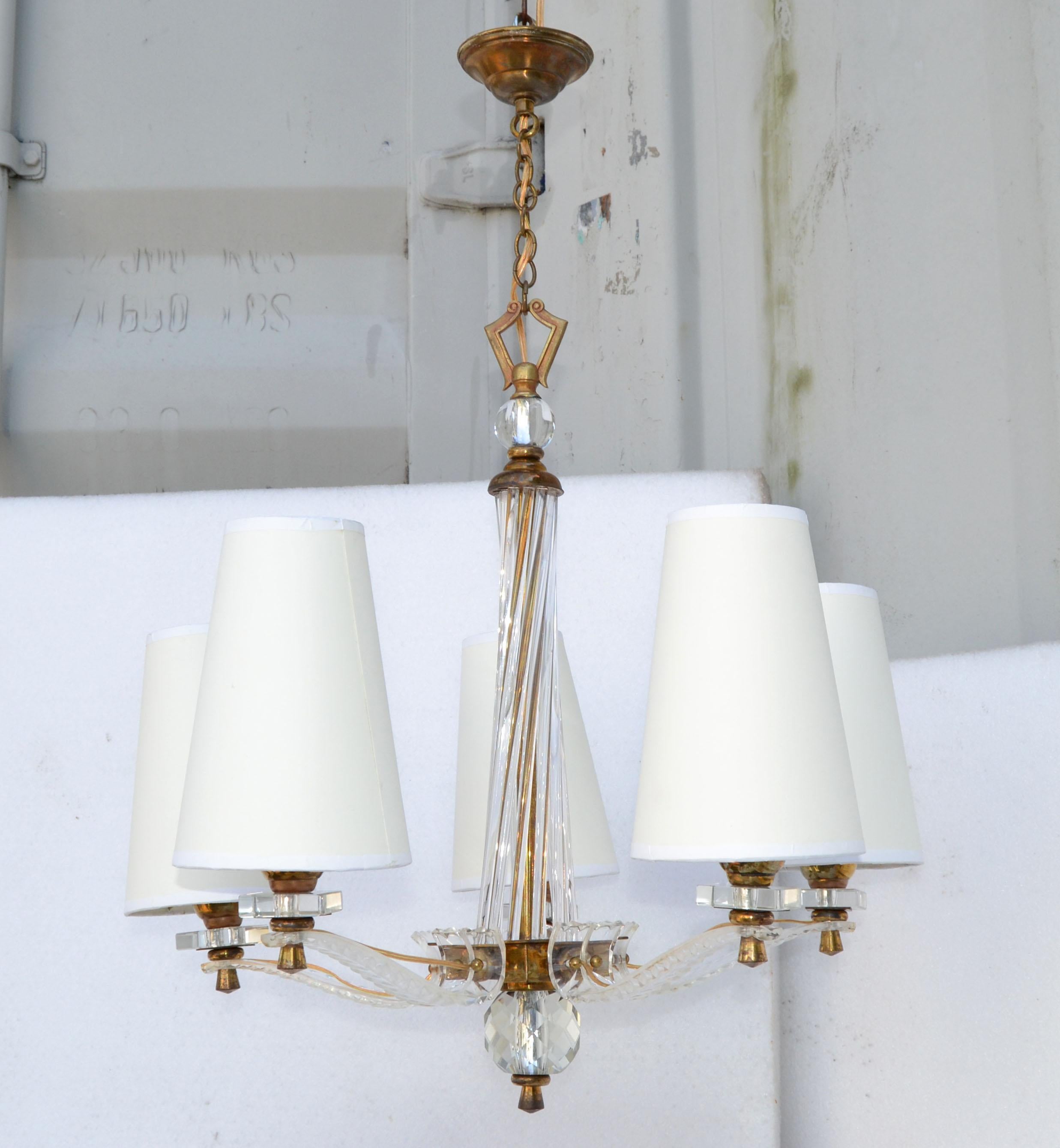 Jacques Adnet Style Brass Lucite & Glass Rods 5 Light French Chandelier 8