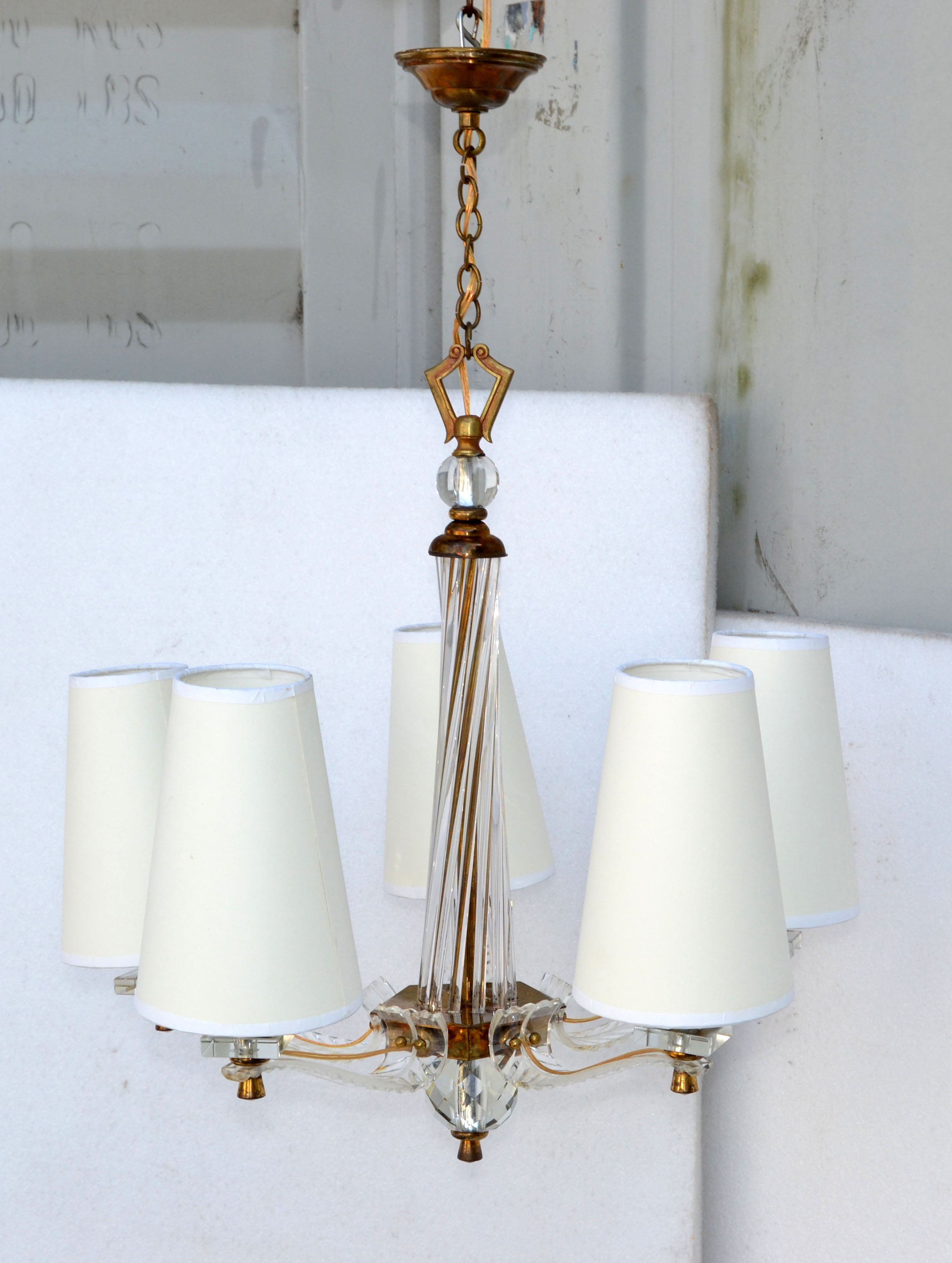 Hand-Crafted Jacques Adnet Style Brass Lucite & Glass Rods 5 Light French Chandelier
