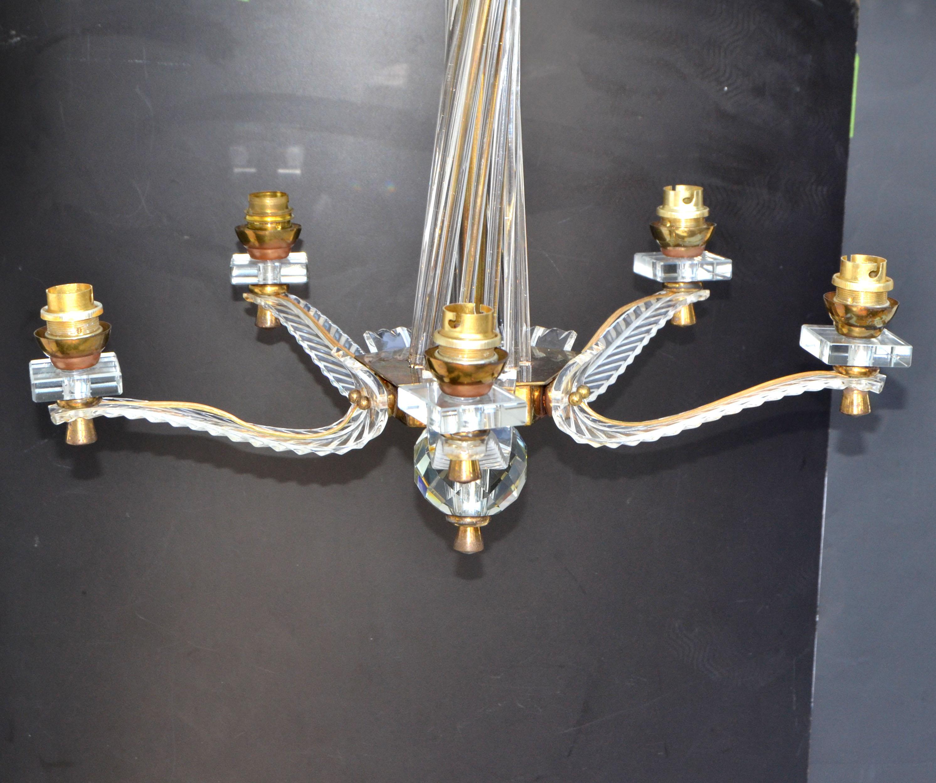 Jacques Adnet Style Brass Lucite & Glass Rods 5 Light French Chandelier In Good Condition In Miami, FL