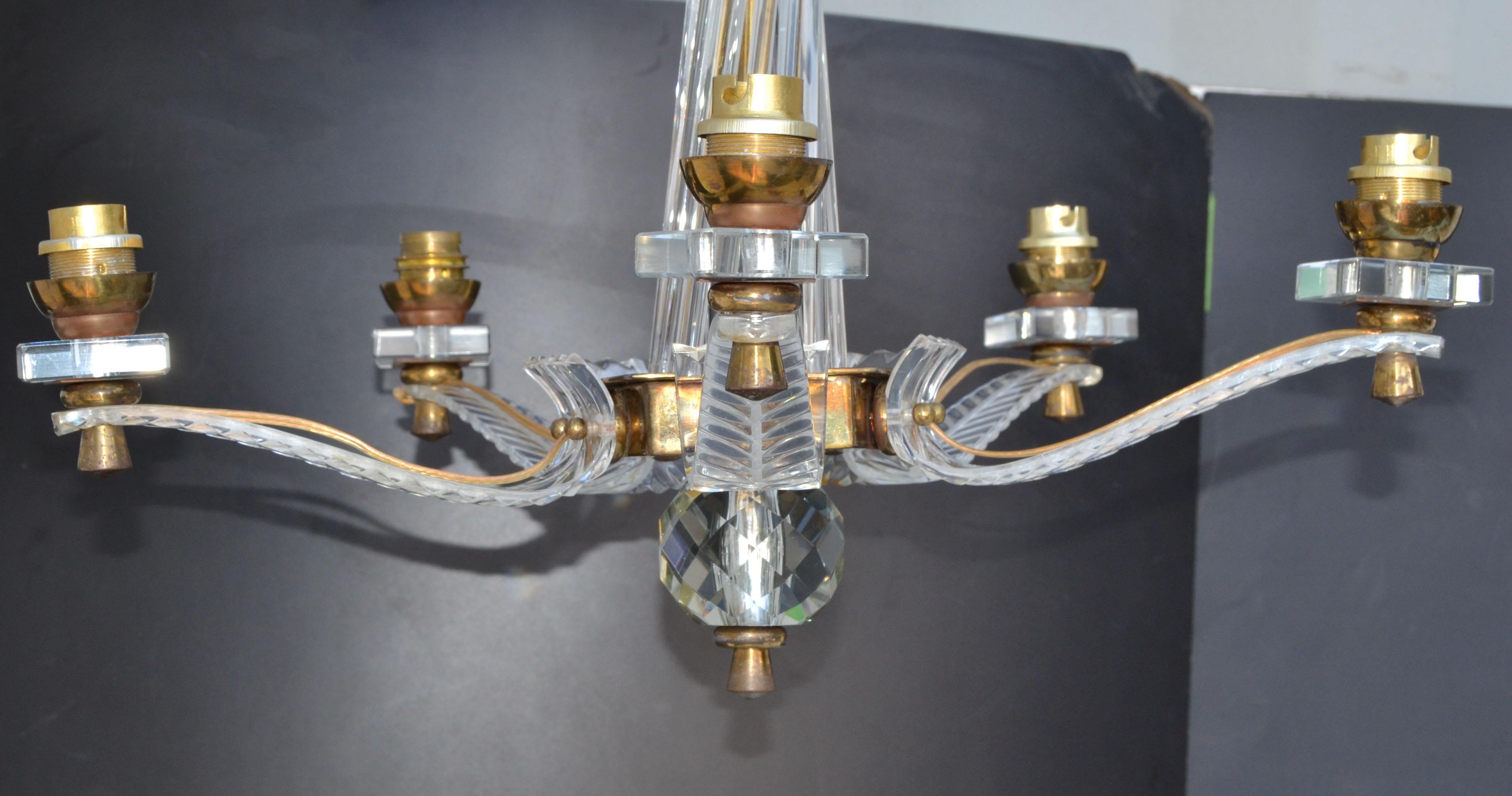 Mid-20th Century Jacques Adnet Style Brass Lucite & Glass Rods 5 Light French Chandelier