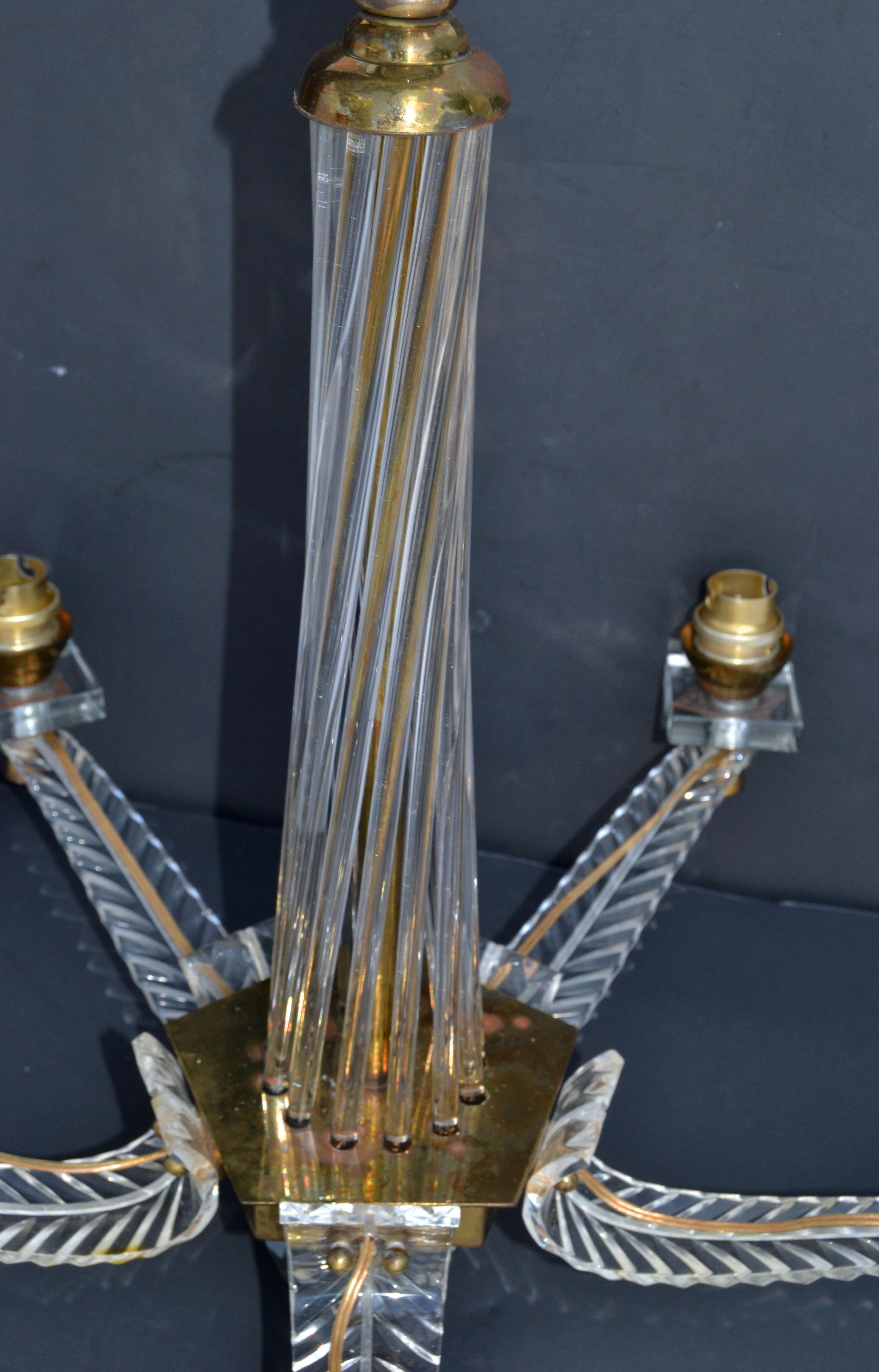 Jacques Adnet Style Brass Lucite & Glass Rods 5 Light French Chandelier 1