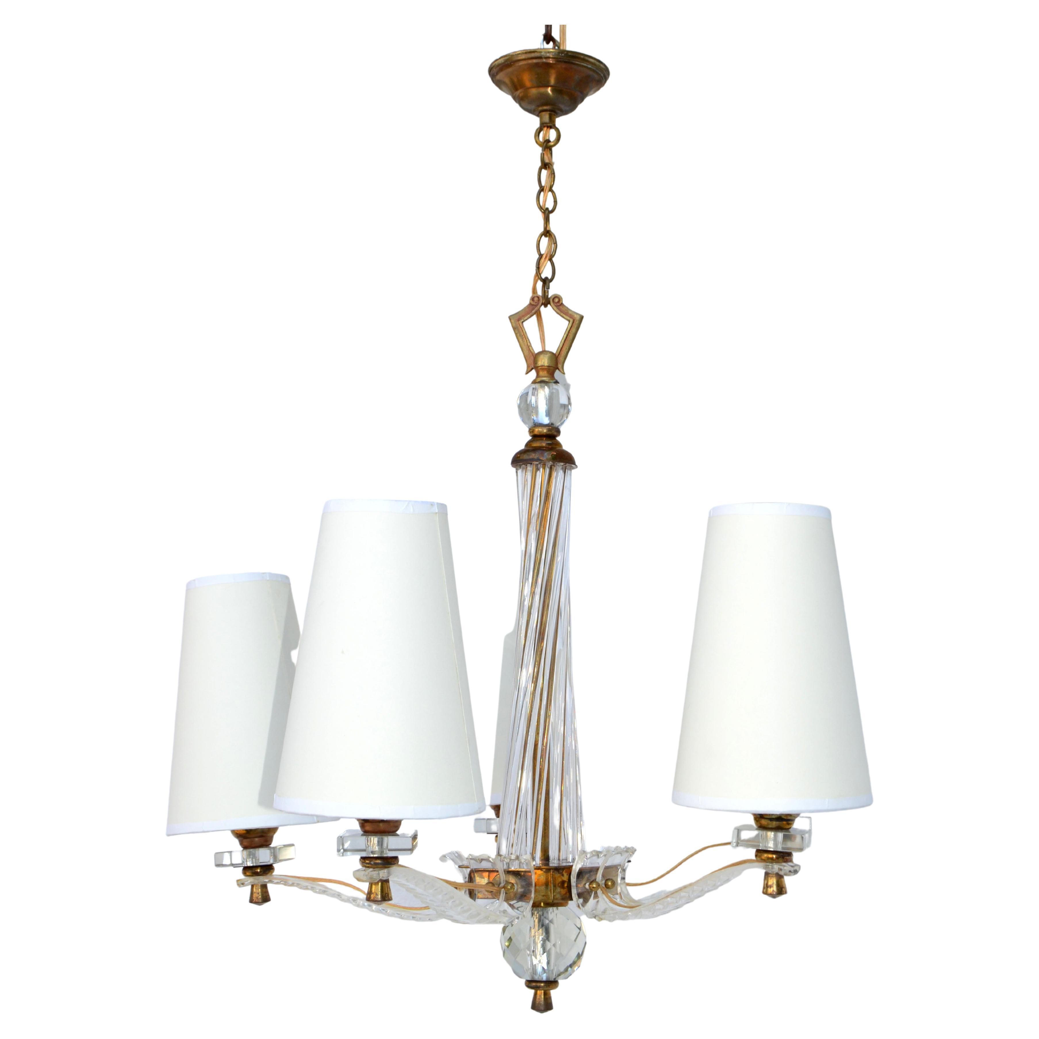 Mid-Century Modern Jacques Adnet Style Brass Lucite & Glass Rods 5 Light French Chandelier