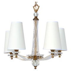 Jacques Adnet Style Brass Lucite 
Glass Rods 5 Light French Chandelier