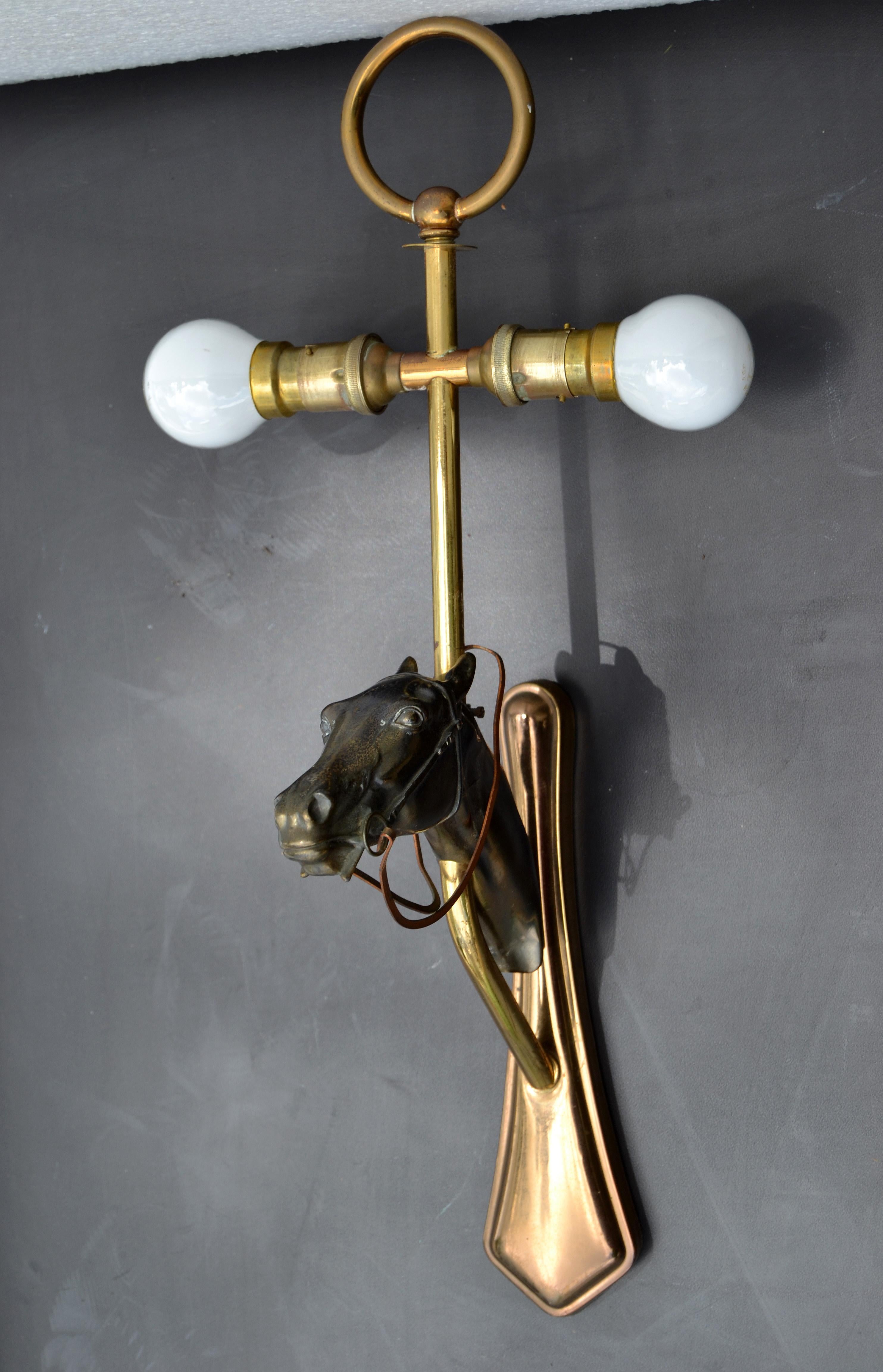 Polished Jacques Adnet Style Bronze Horse Sconce Wall Lamp French Neoclassical For Sale