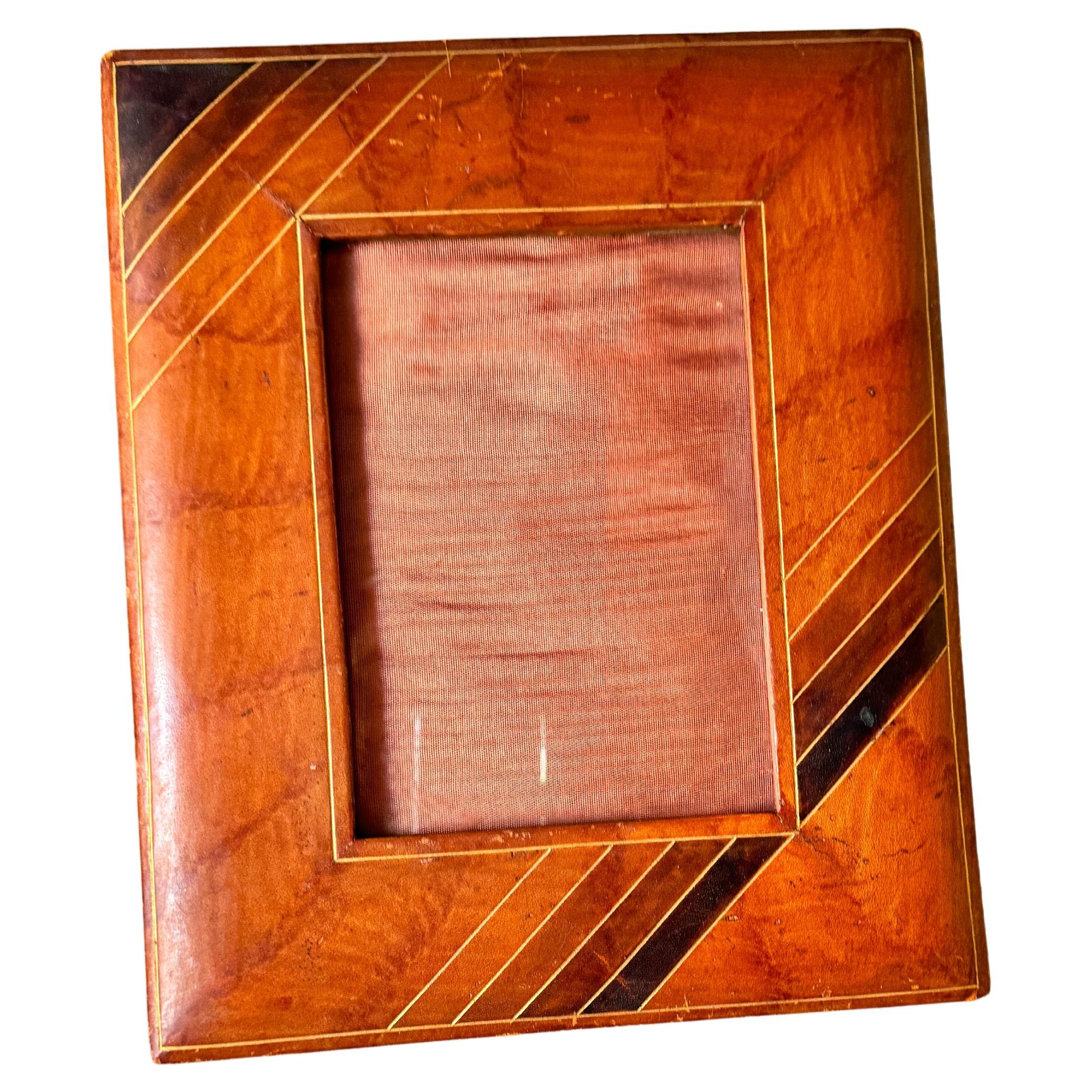 Art Deco Jacques Adnet Style, Brown Leather Picture Frame, France 1940 For Sale