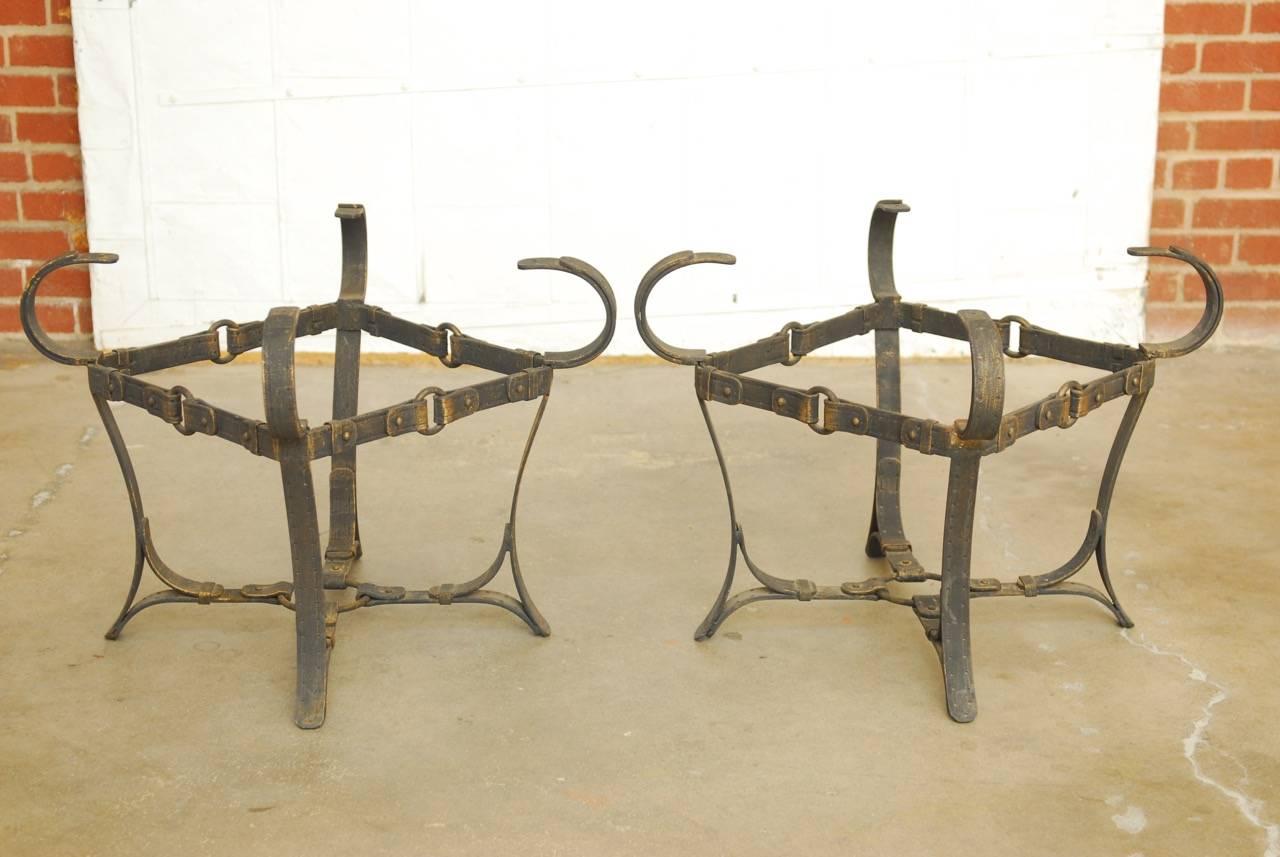 Jacques Adnet Style Cast Iron Leather Strap Tables 6