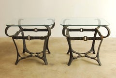 Jacques Adnet Style Cast Iron Leather Strap Tables