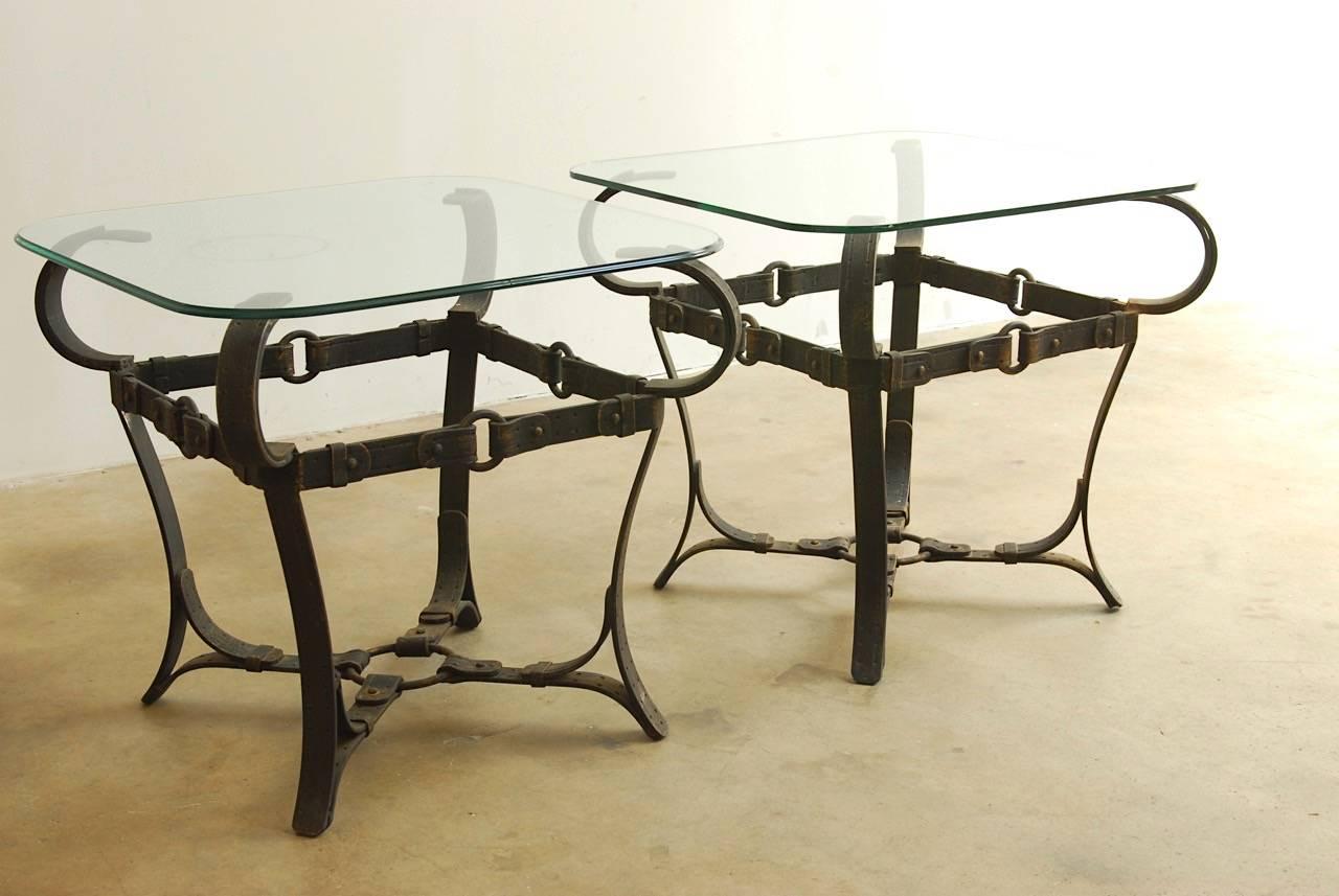 Mid-Century Modern Jacques Adnet Style Cast Iron Leather Strap Tables