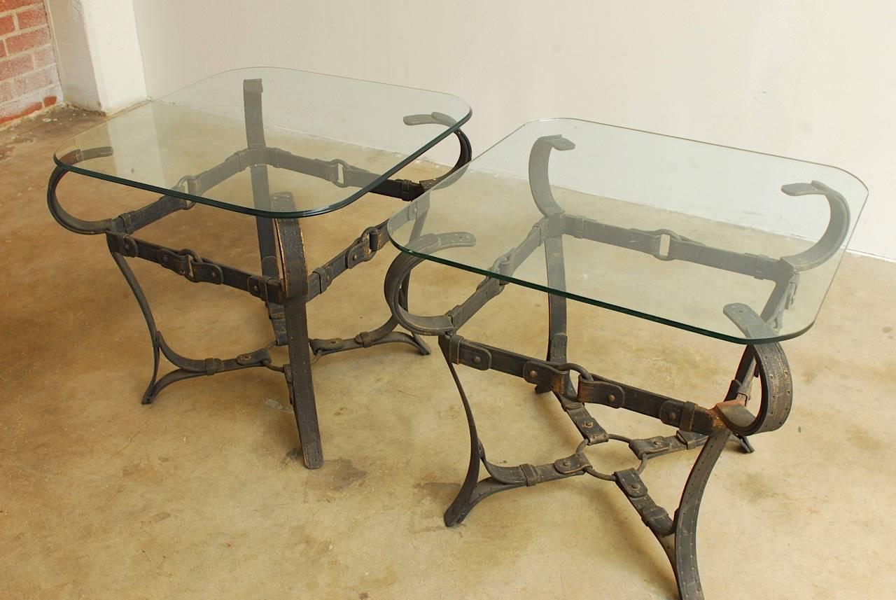 French Jacques Adnet Style Cast Iron Leather Strap Tables