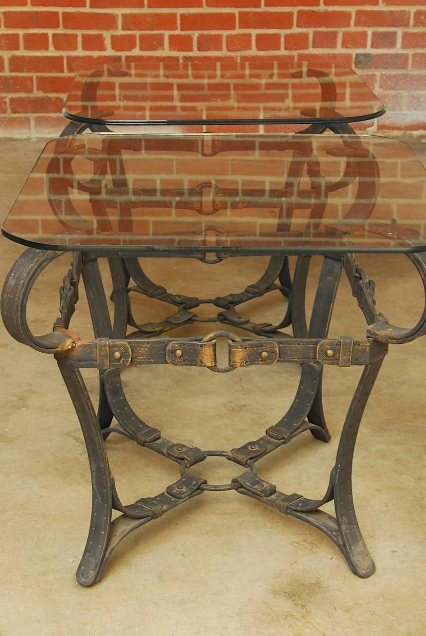 Hand-Crafted Jacques Adnet Style Cast Iron Leather Strap Tables
