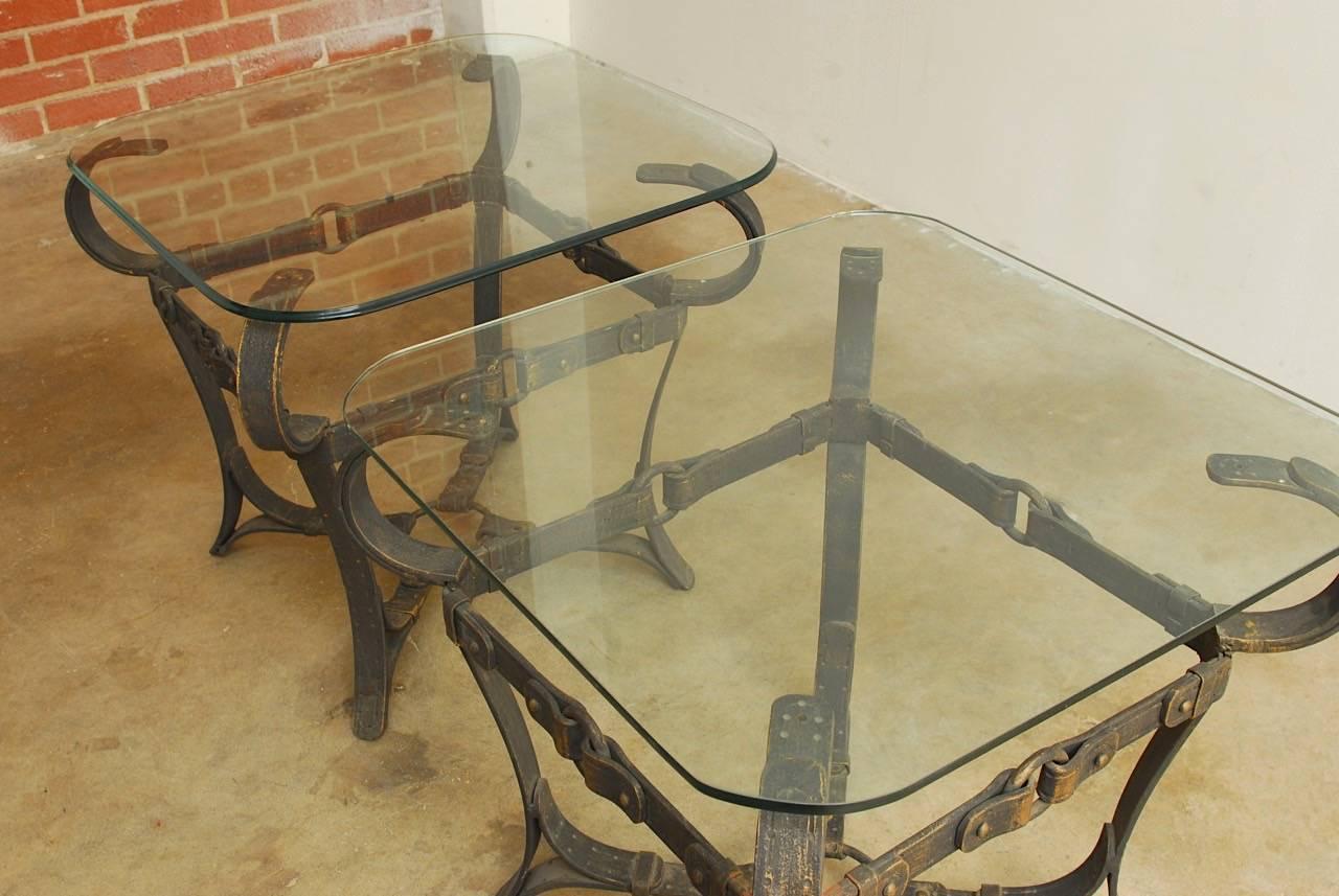 Jacques Adnet Style Cast Iron Leather Strap Tables In Excellent Condition In Rio Vista, CA