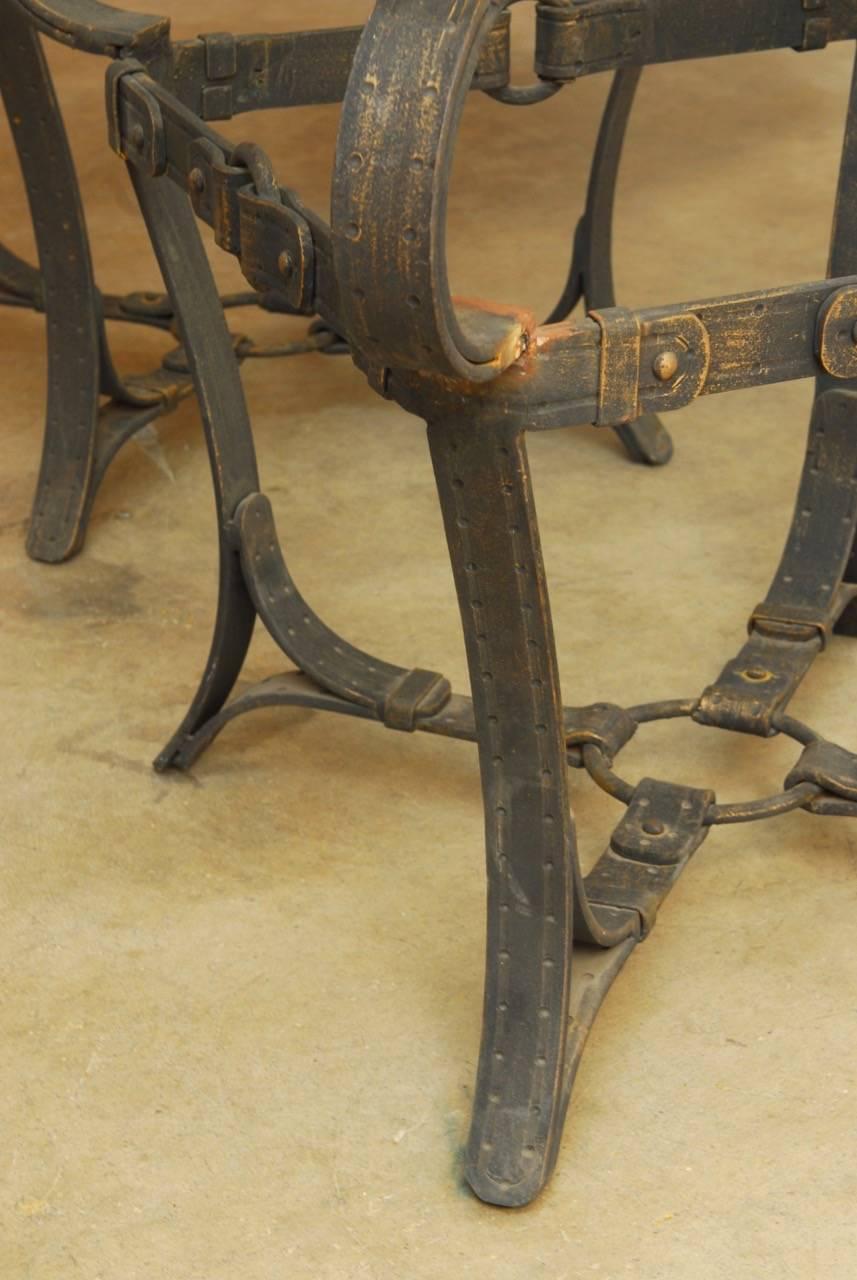 20th Century Jacques Adnet Style Cast Iron Leather Strap Tables