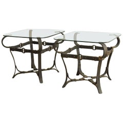 Jacques Adnet Style Cast Iron Leather Strap Tables