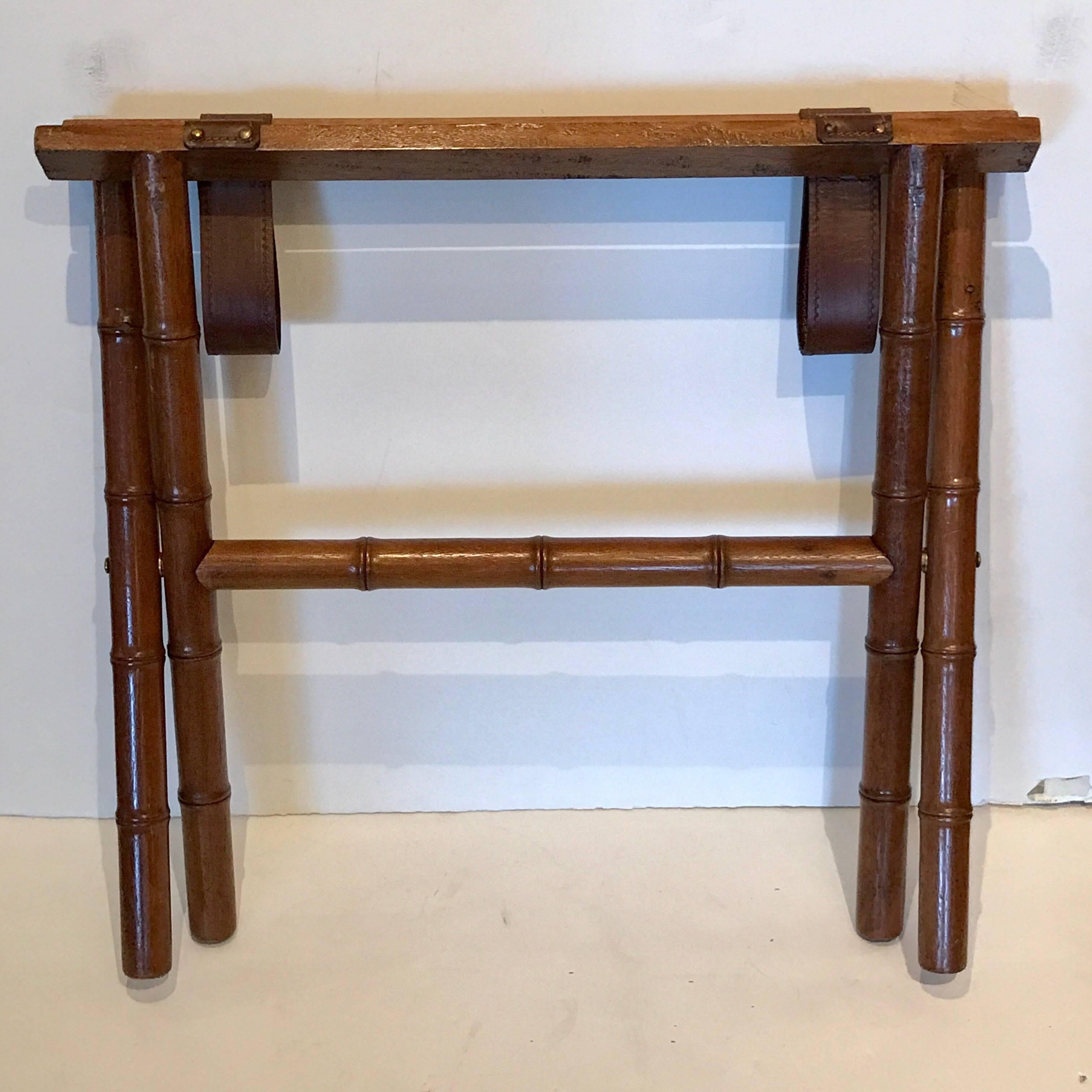 French Jacques Adnet Style Faux Bamboo and Leather Luggage Rack