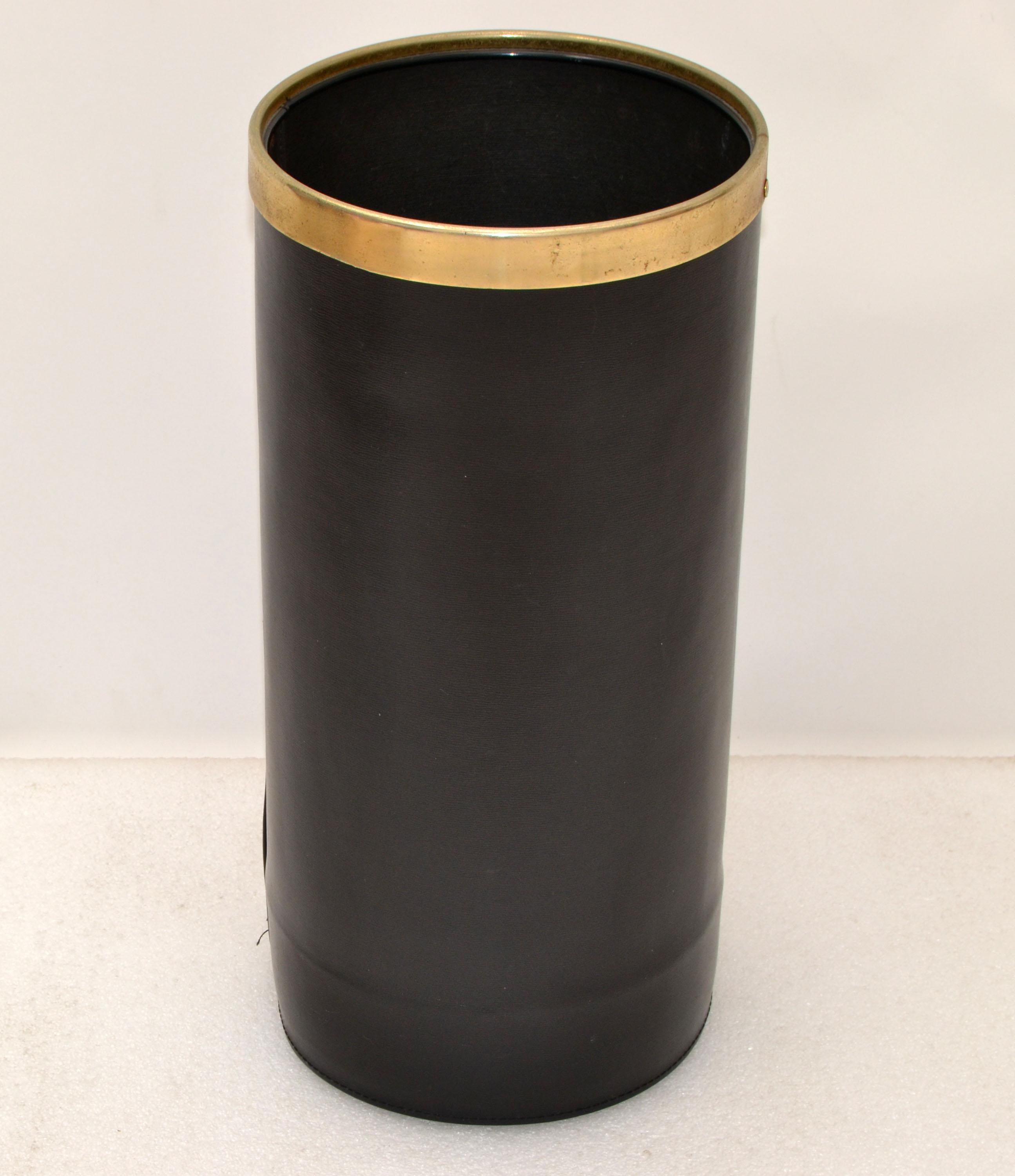 Mid-Century Modern Jacques Adnet Style Faux Leather & Brass Waste Basket, Umbrella Stand