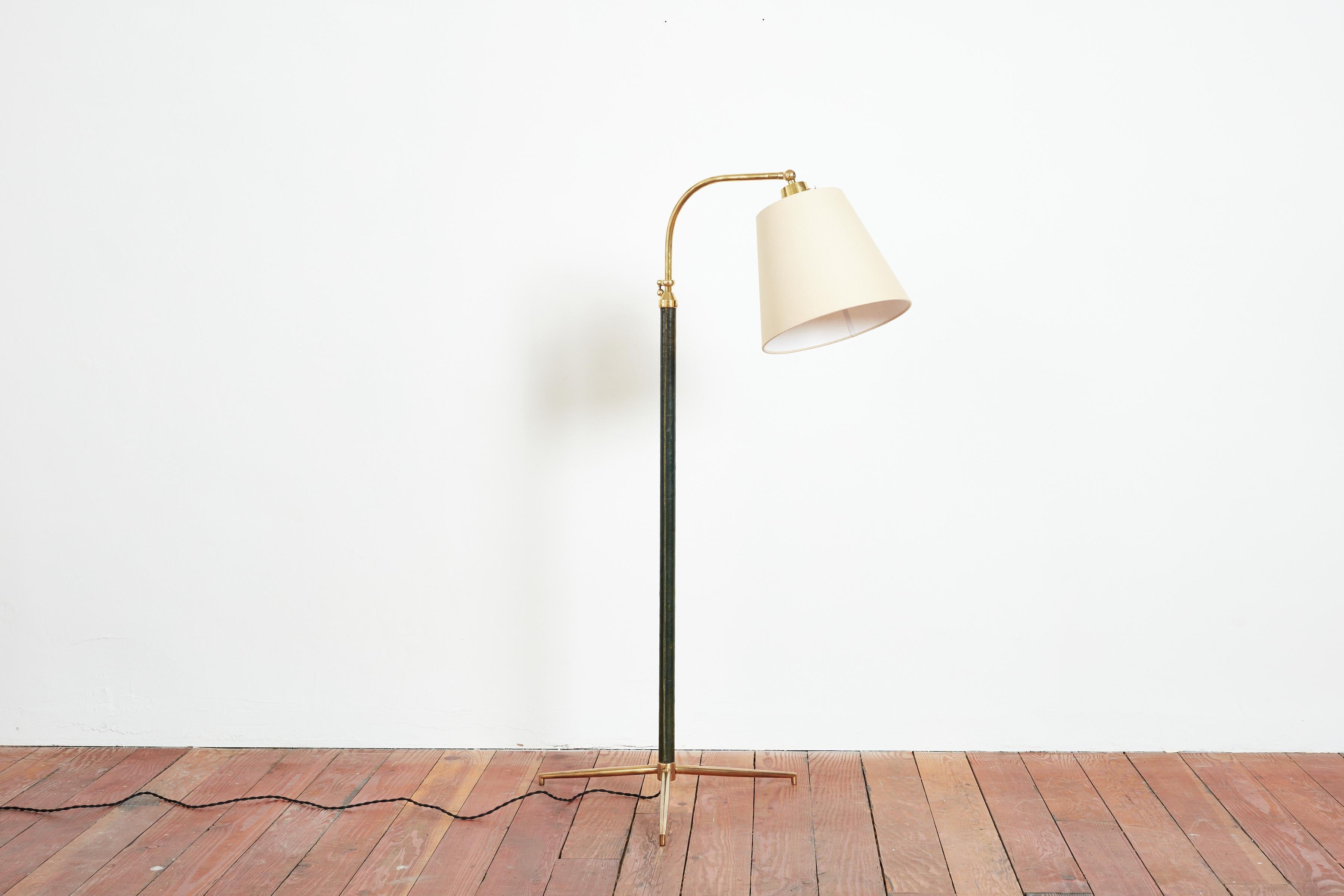 French Jacques Adnet Style Floor Lamp in Green Leather