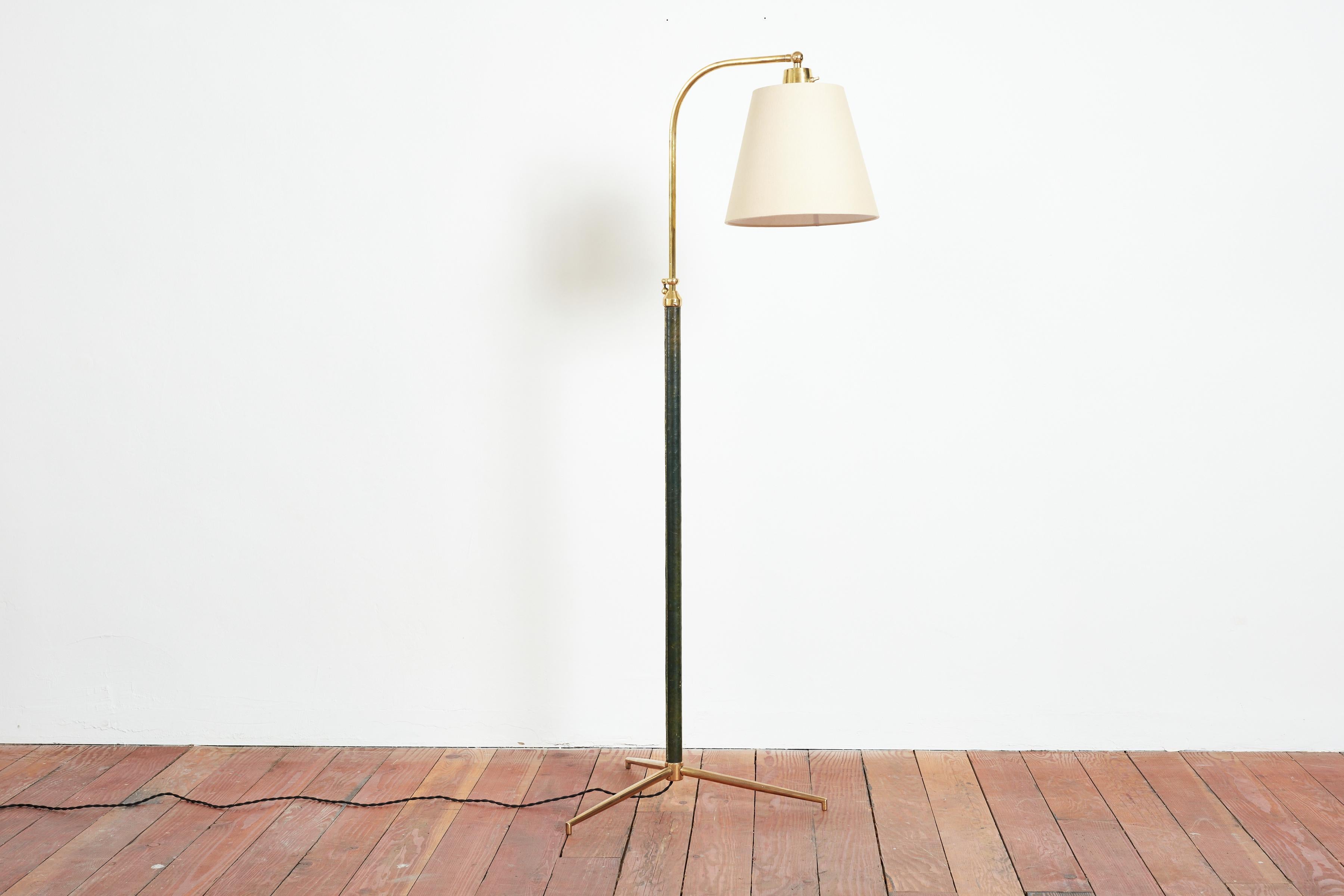 Jacques Adnet Style Floor Lamp in Green Leather In Good Condition In Beverly Hills, CA