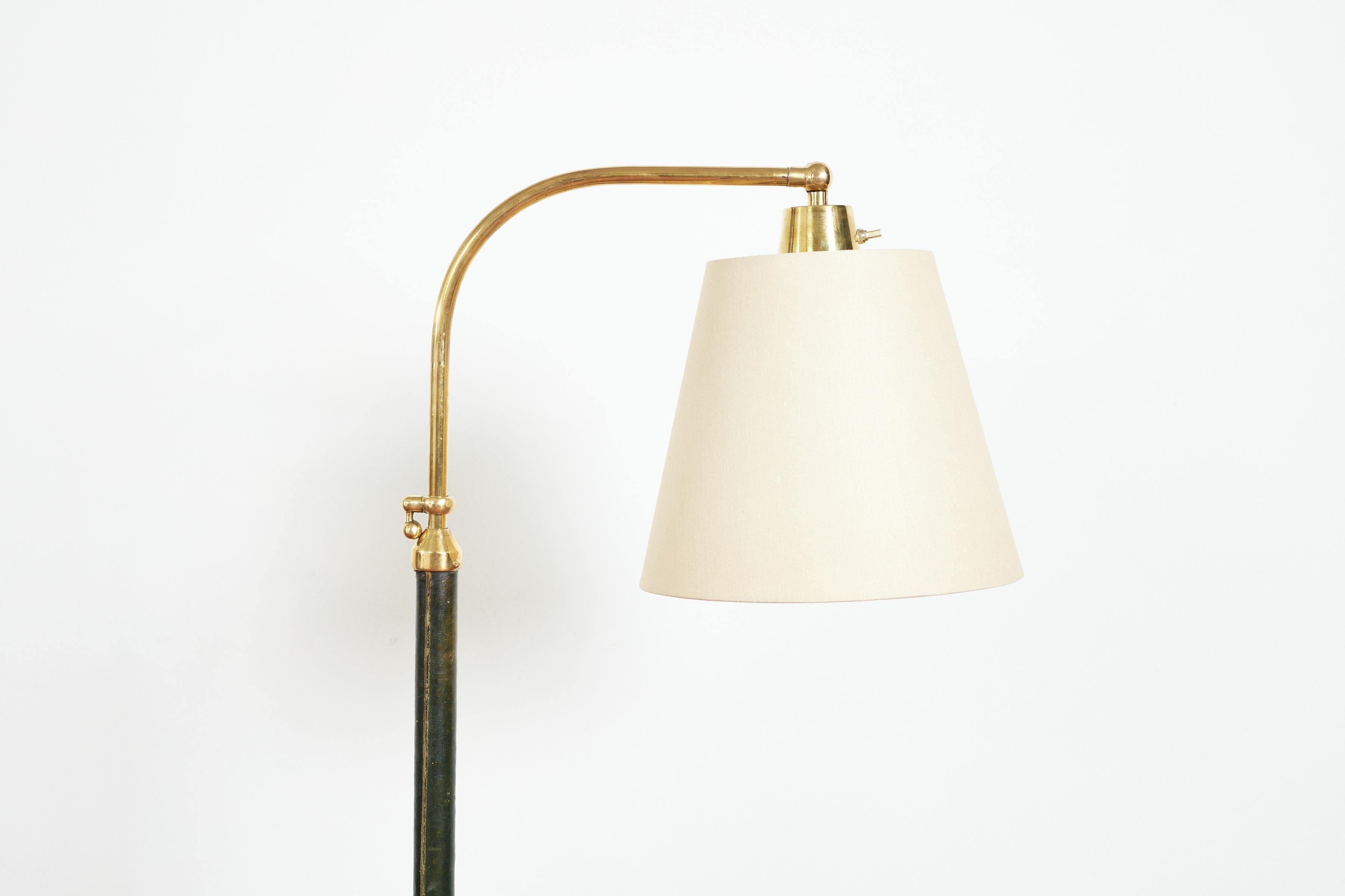 Brass Jacques Adnet Style Floor Lamp in Green Leather
