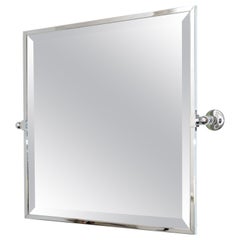 Jacques Adnet Style French 1970s Square Beveled Wall Mirror Polished Chrome