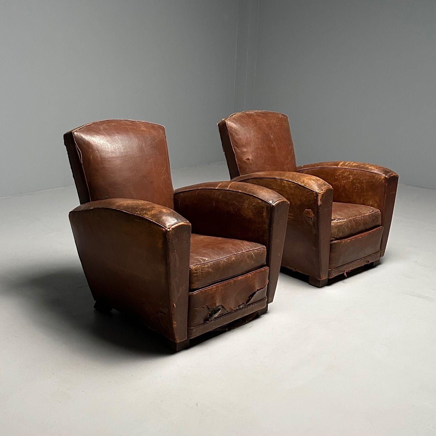 Jacques Adnet Style, French Art Deco Club Chairs, Distressed Leather, Oak, 1930s For Sale 8
