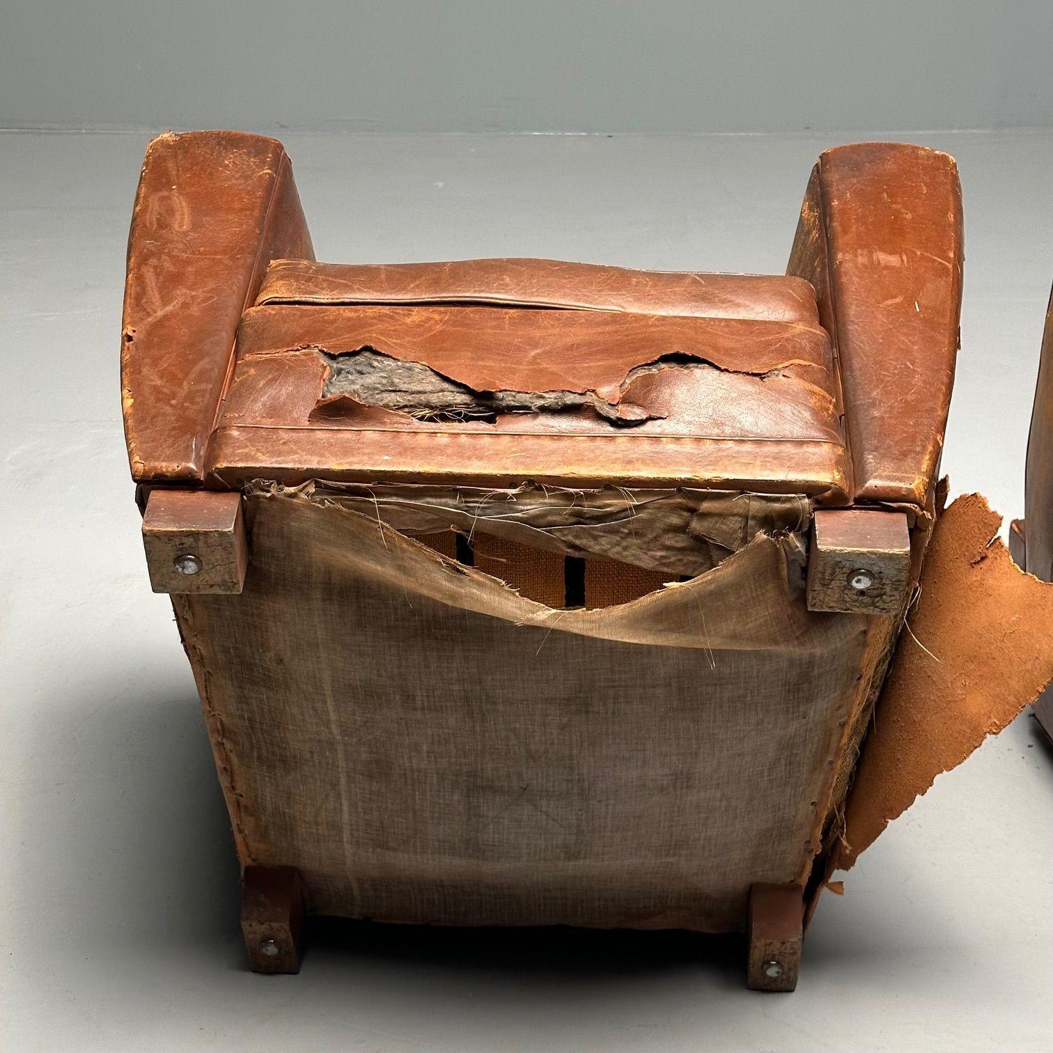 Sedie da club in stile Jacques Adnet, Art Deco francese, pelle invecchiata, Oak, anni '30 in vendita 7