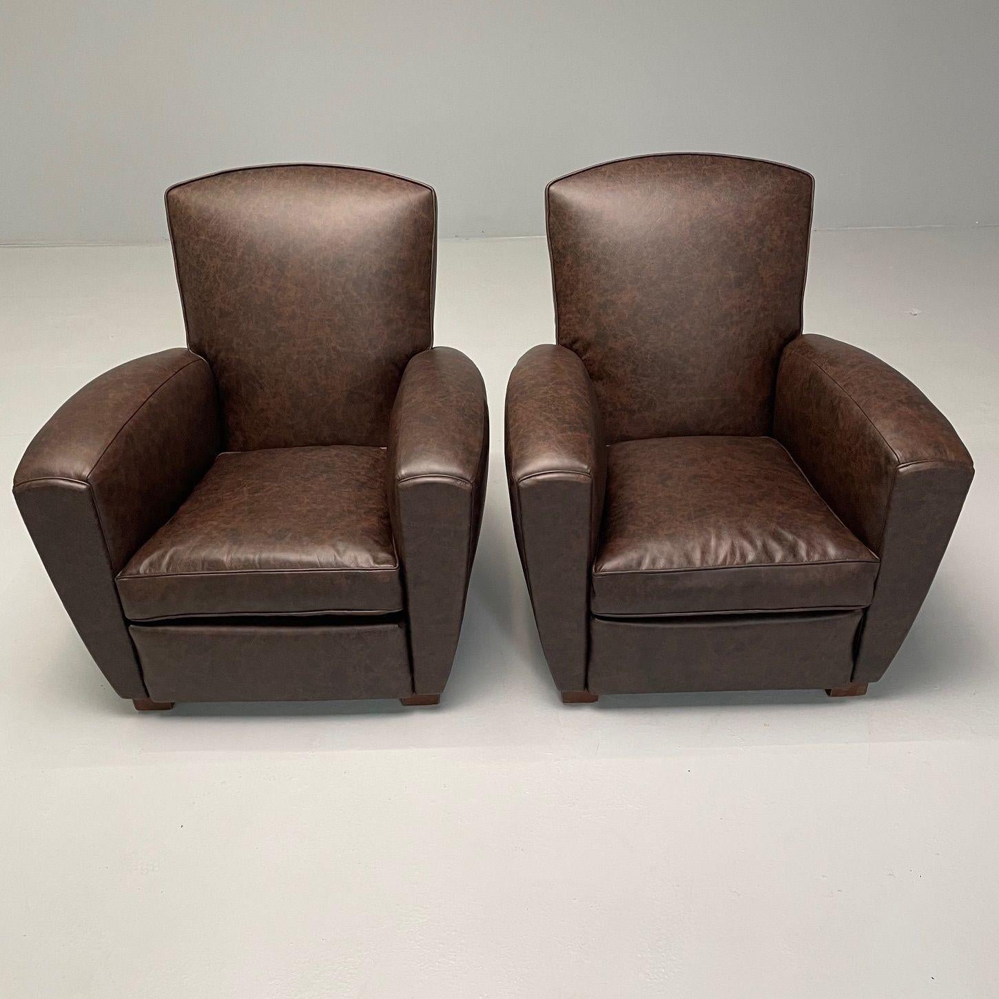 Jacques Adnet Style, French Art Deco Club Chairs, Distressed Leather, Oak, 1930s

Quality pair of leather art deco chairs designed and produced in France circa 1930/40s. These chairs have been newly upholstered in a distressed brown leather. They