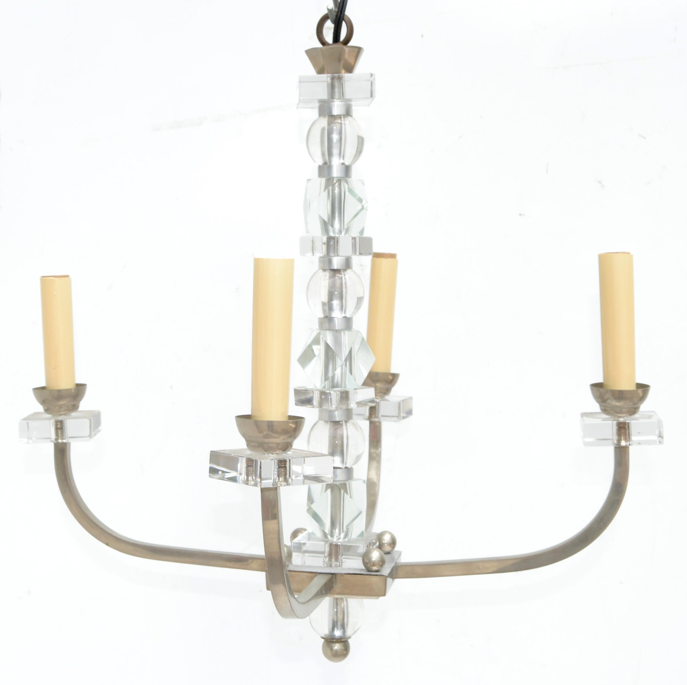 Jacques Adnet Style French Nickel Plated Brass & Geometric Faceted Glass Pieces For Sale 4