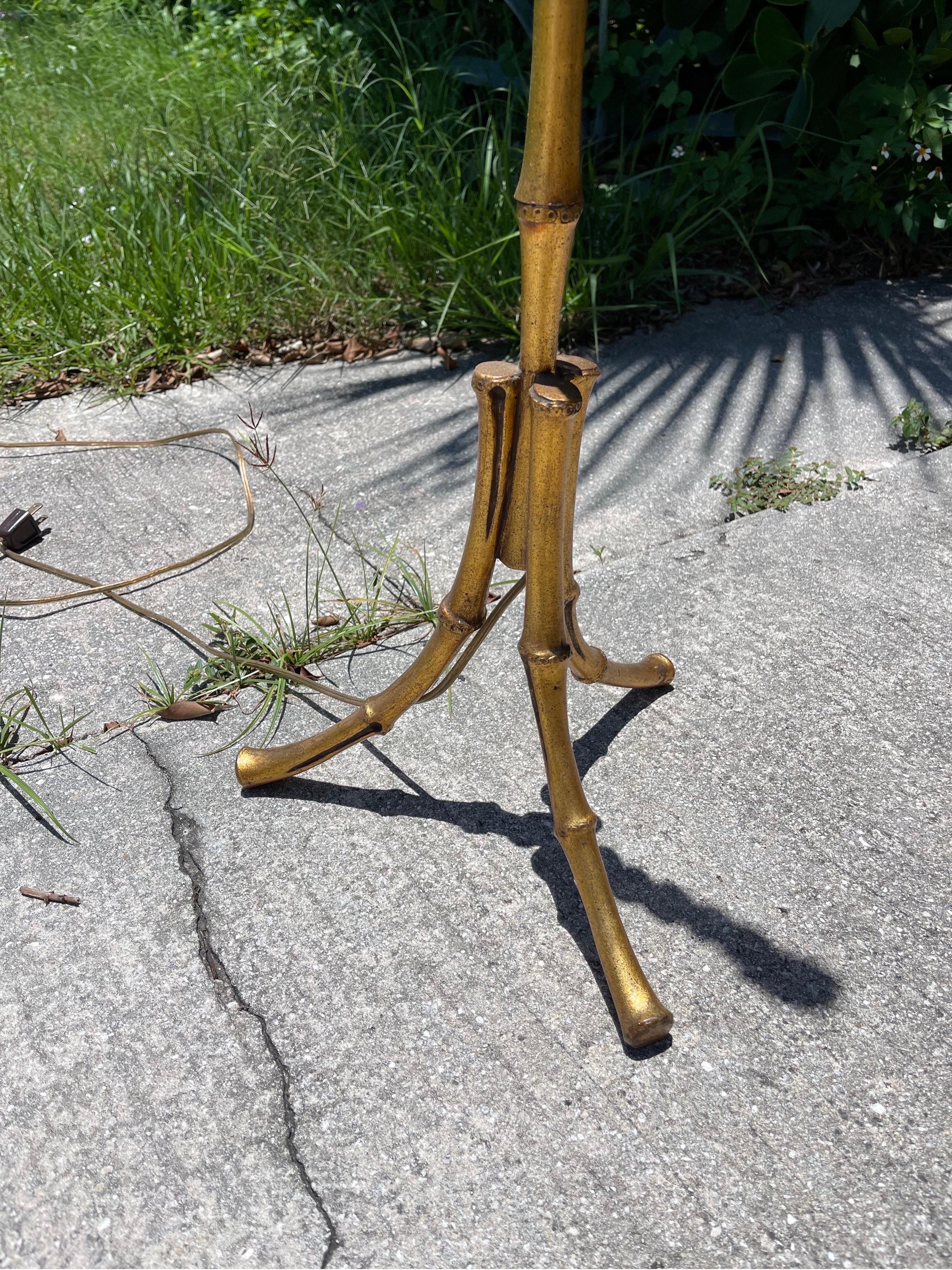 Jacques Adnet Style Gilt Metal Faux Bamboo Tripod Floor Lamp In Good Condition For Sale In Jensen Beach, FL