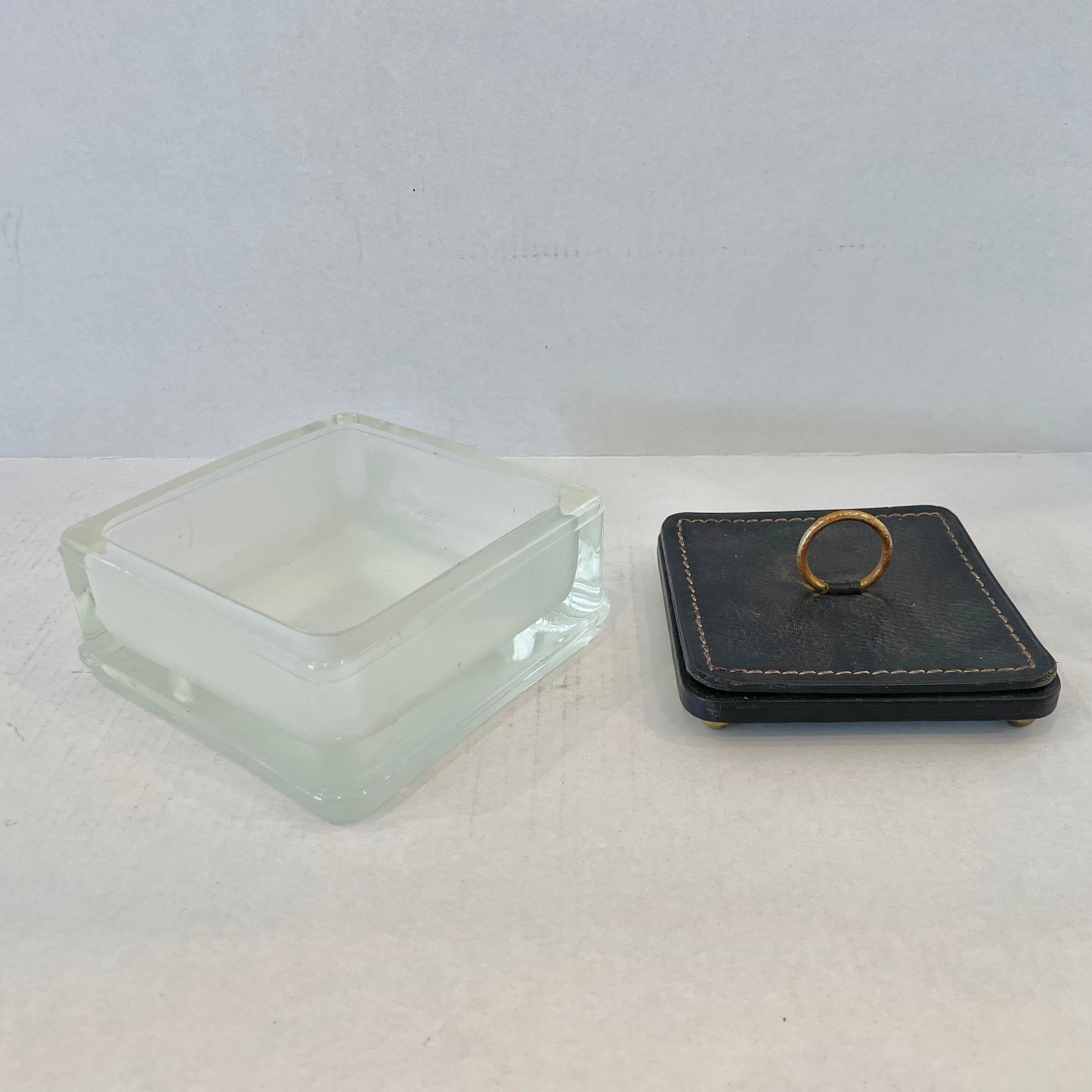 Jacques Adnet Style Glass Ashtray with Leather Lid, 1950s France For Sale 7