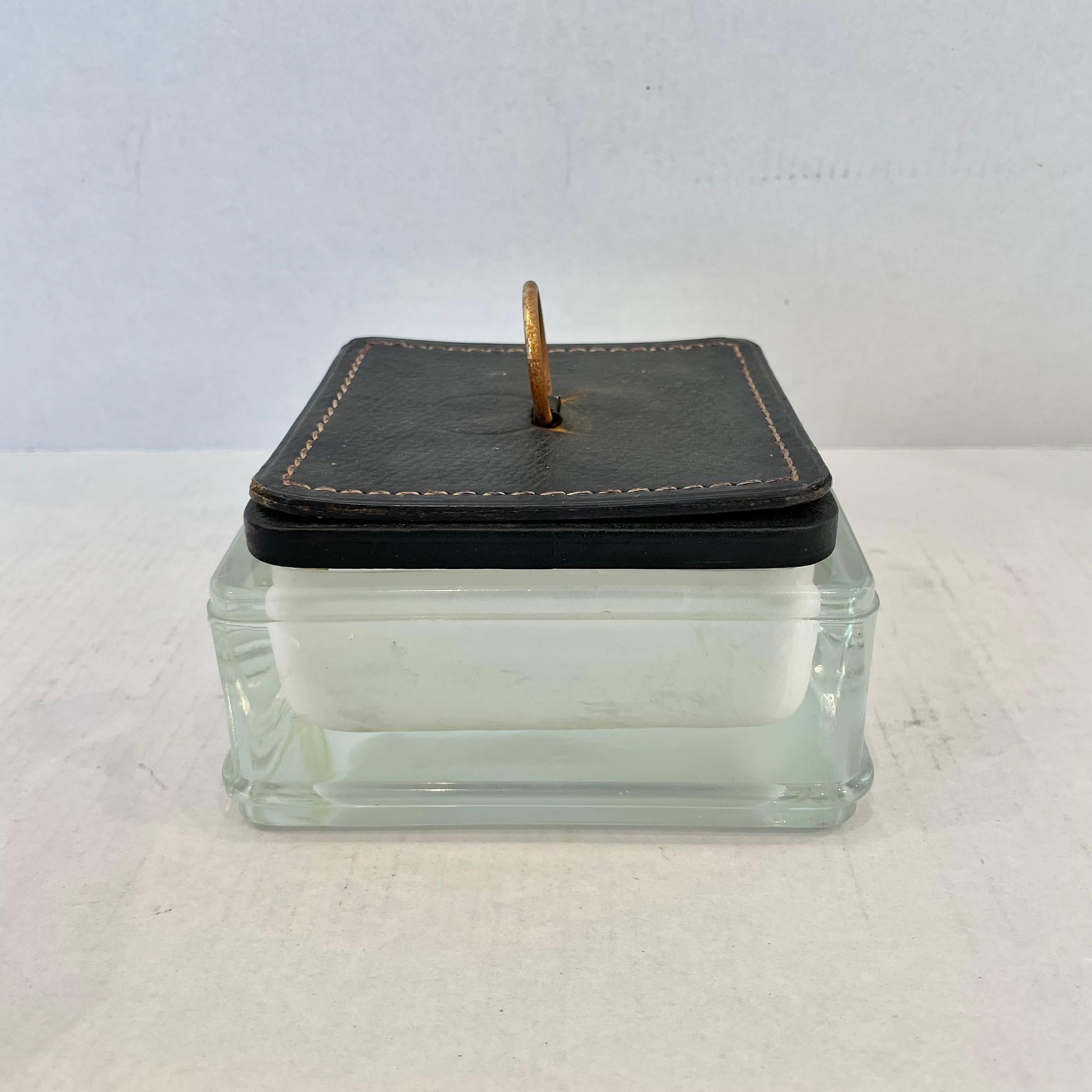 French Jacques Adnet Style Glass Ashtray with Leather Lid, 1950s France For Sale