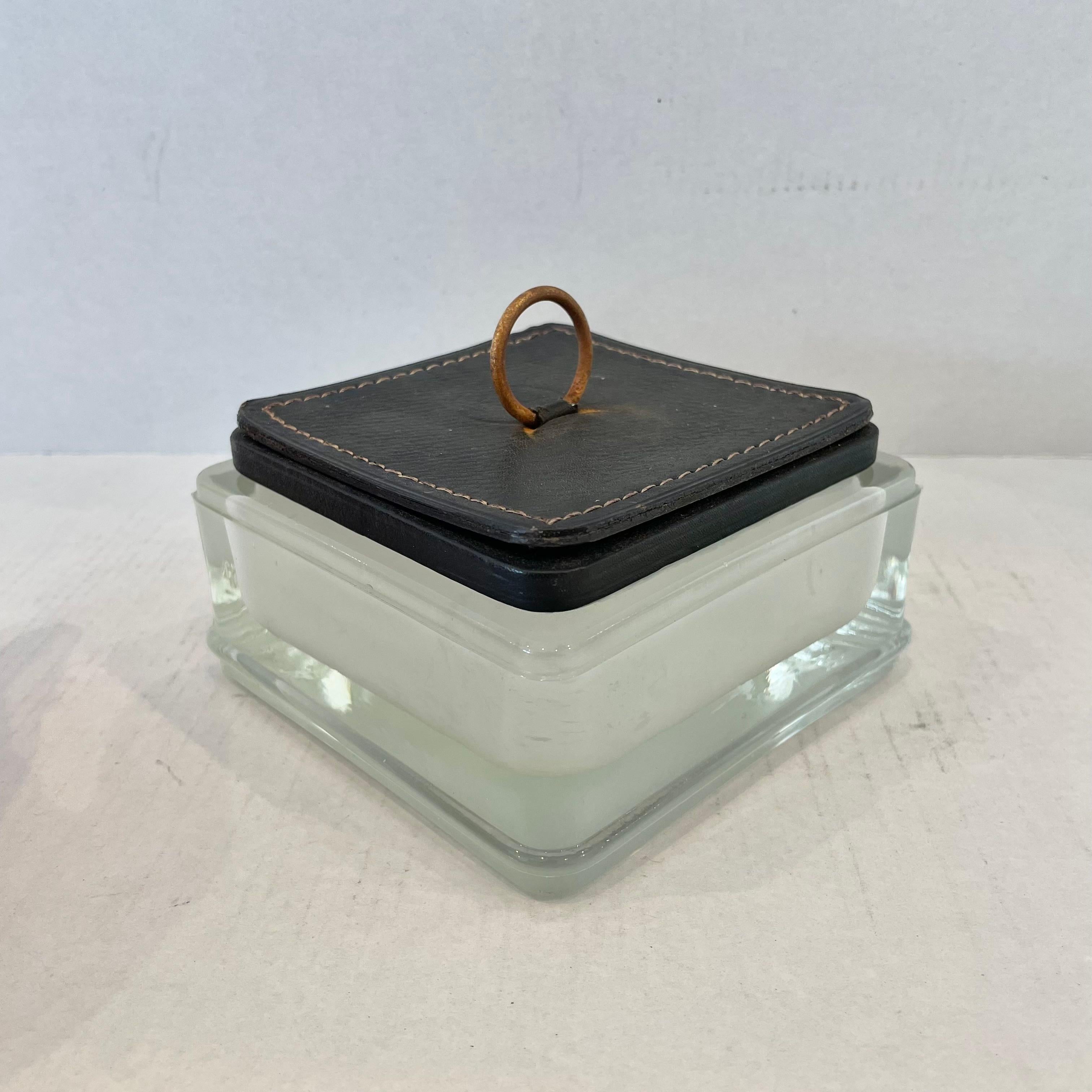 Jacques Adnet Style Glass Ashtray with Leather Lid, 1950s France In Good Condition For Sale In Los Angeles, CA