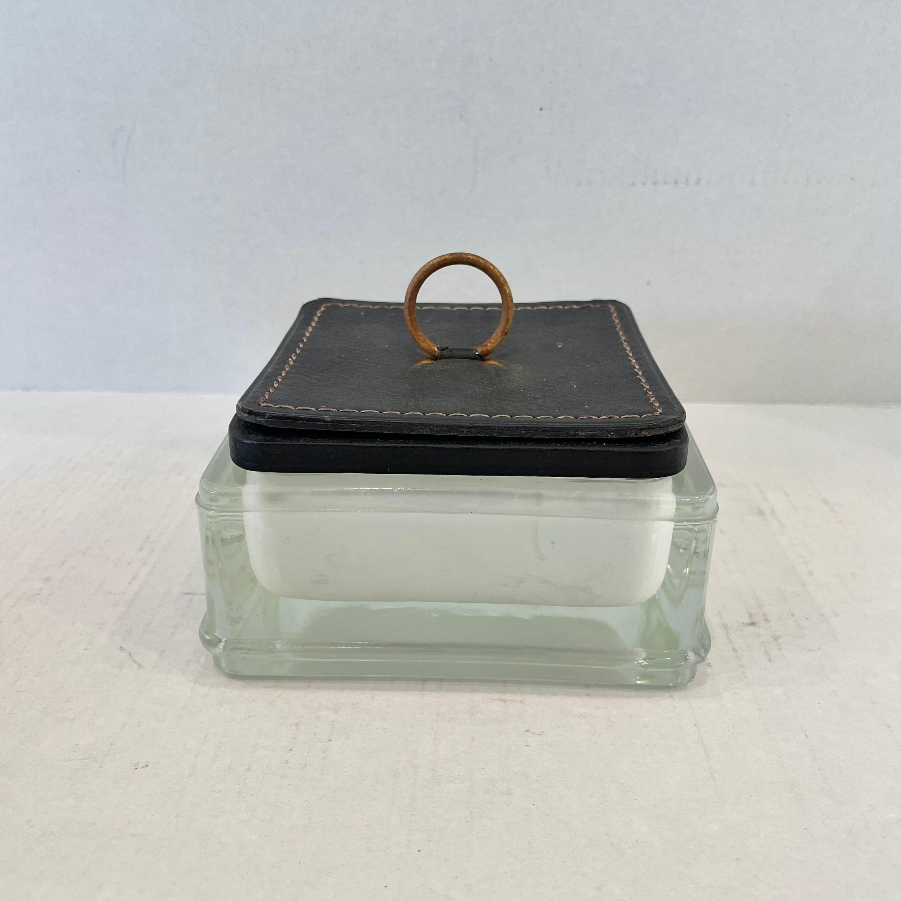 Mid-20th Century Jacques Adnet Style Glass Ashtray with Leather Lid, 1950s France For Sale