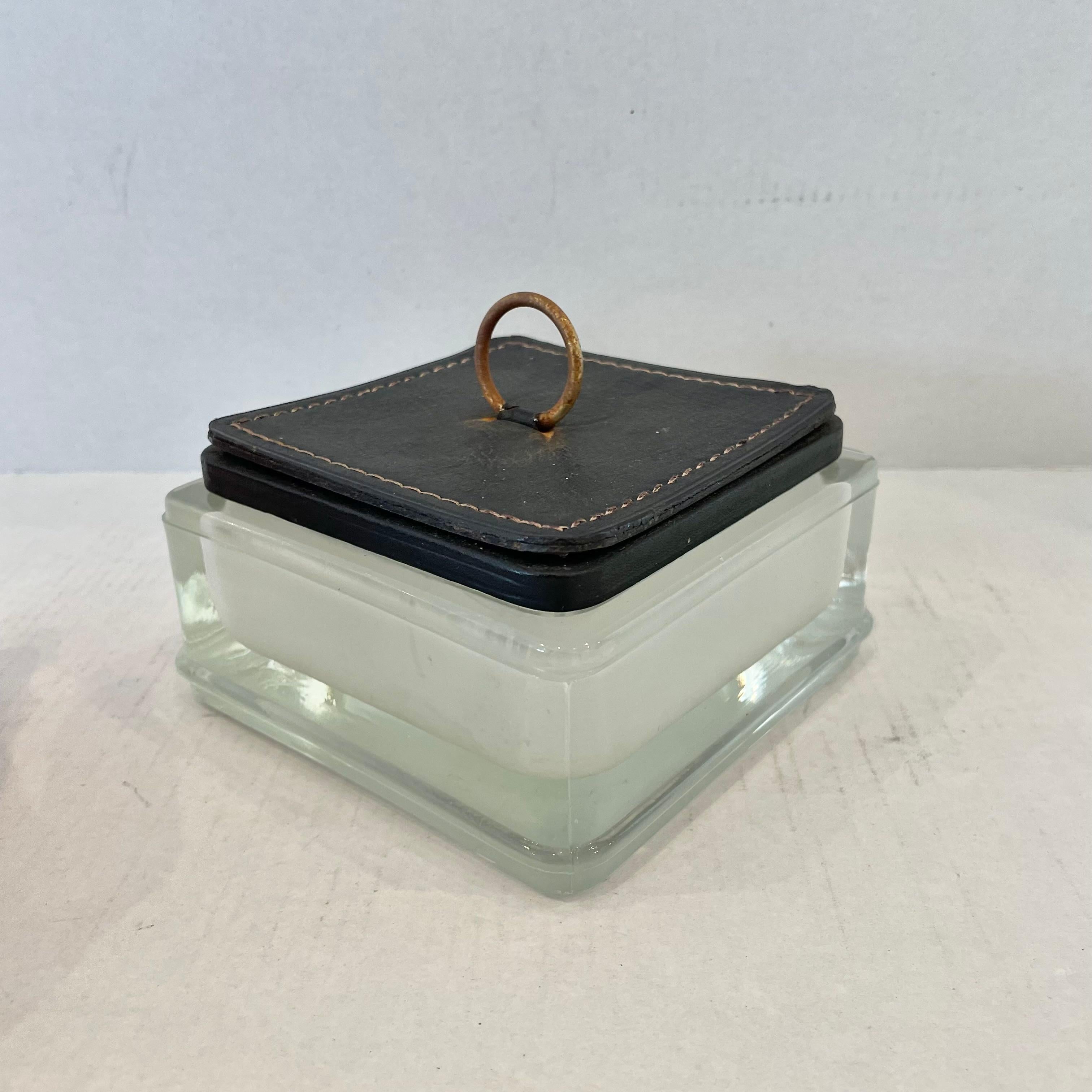 Jacques Adnet Style Glass Ashtray with Leather Lid, 1950s France For Sale 1