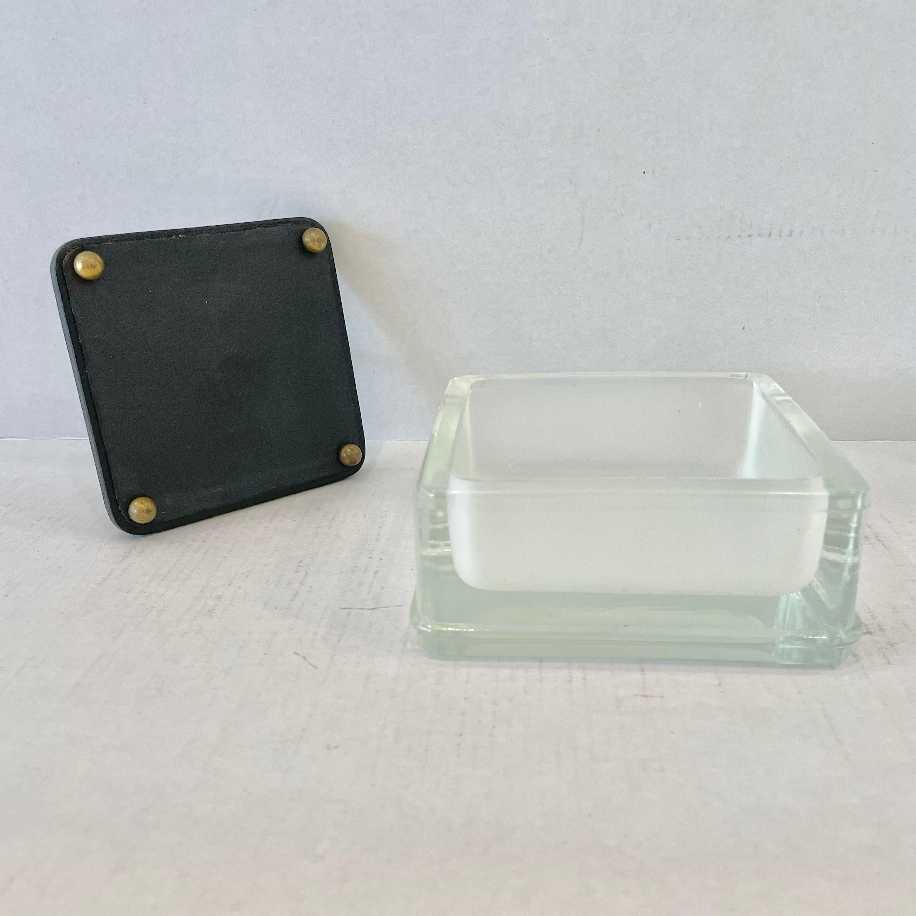 Jacques Adnet Style Glass Ashtray with Leather Lid, 1950s France For Sale 3