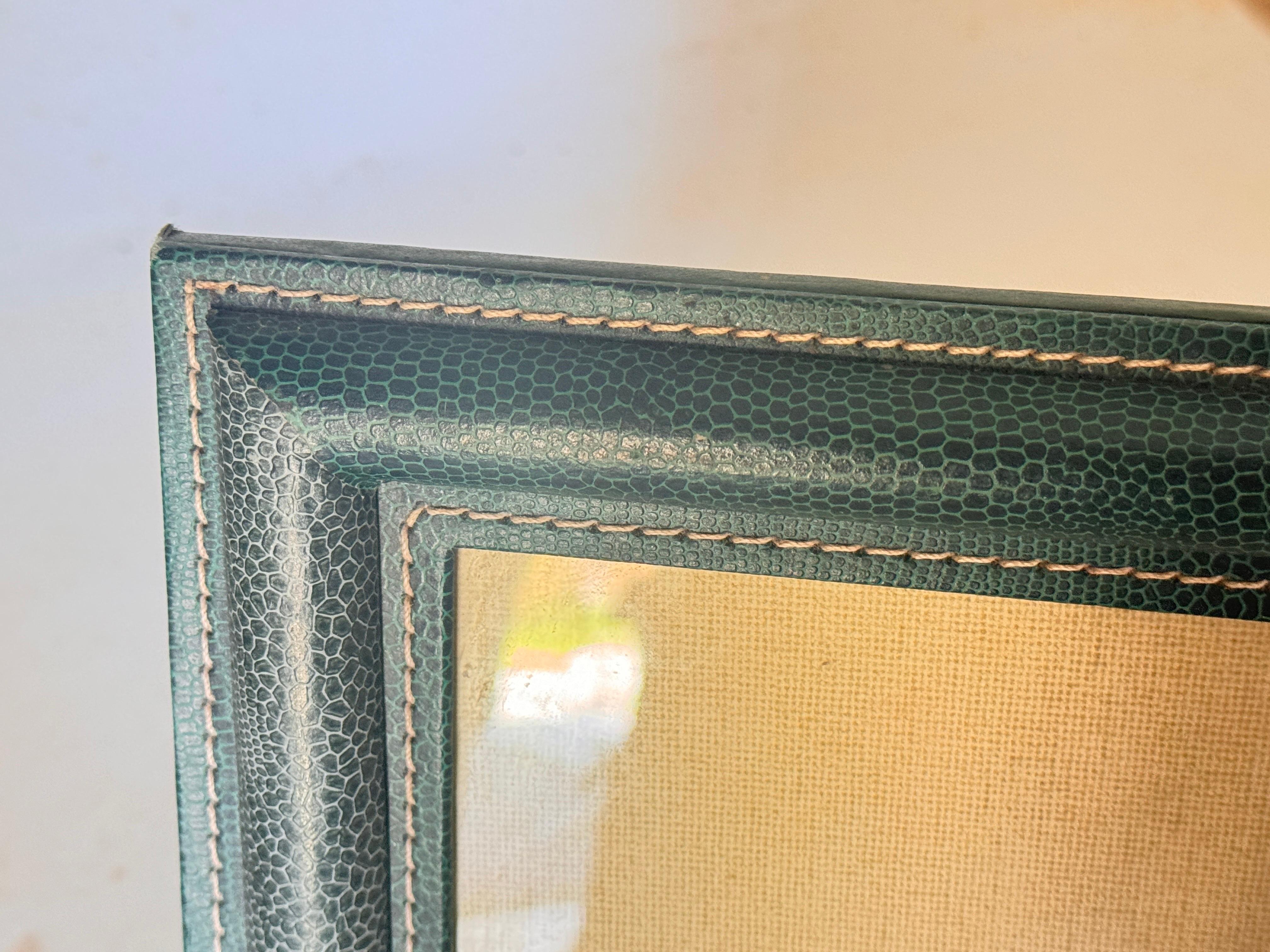 French Jacques Adnet Style, Green Stitched Leather Picture Frame, France 1940 For Sale