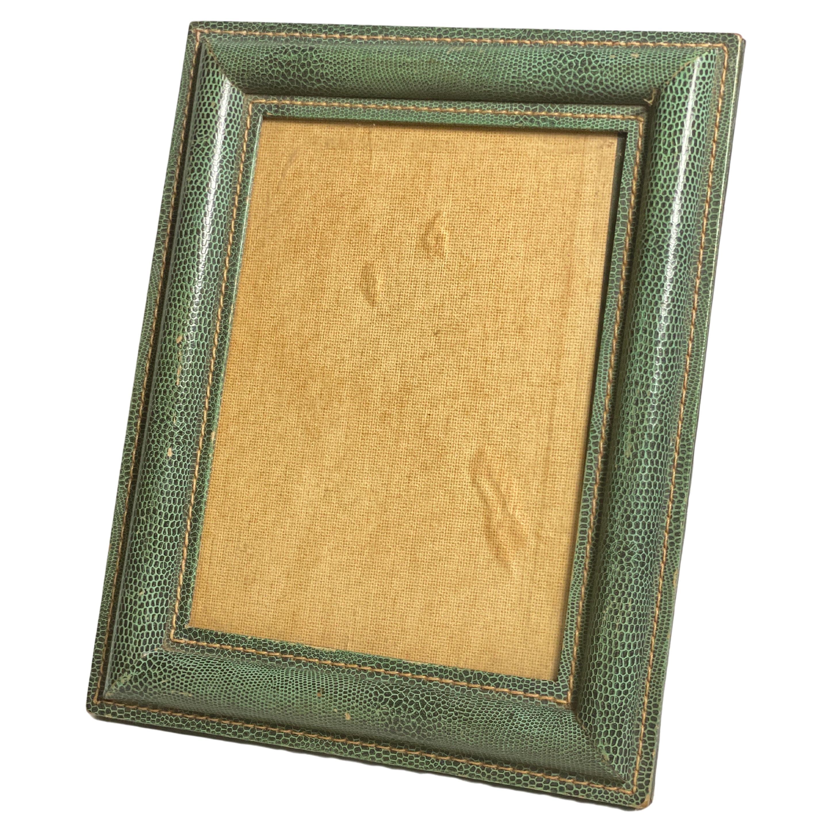 Jacques Adnet Style, Green Stitched Leather Picture Frame, France 1940