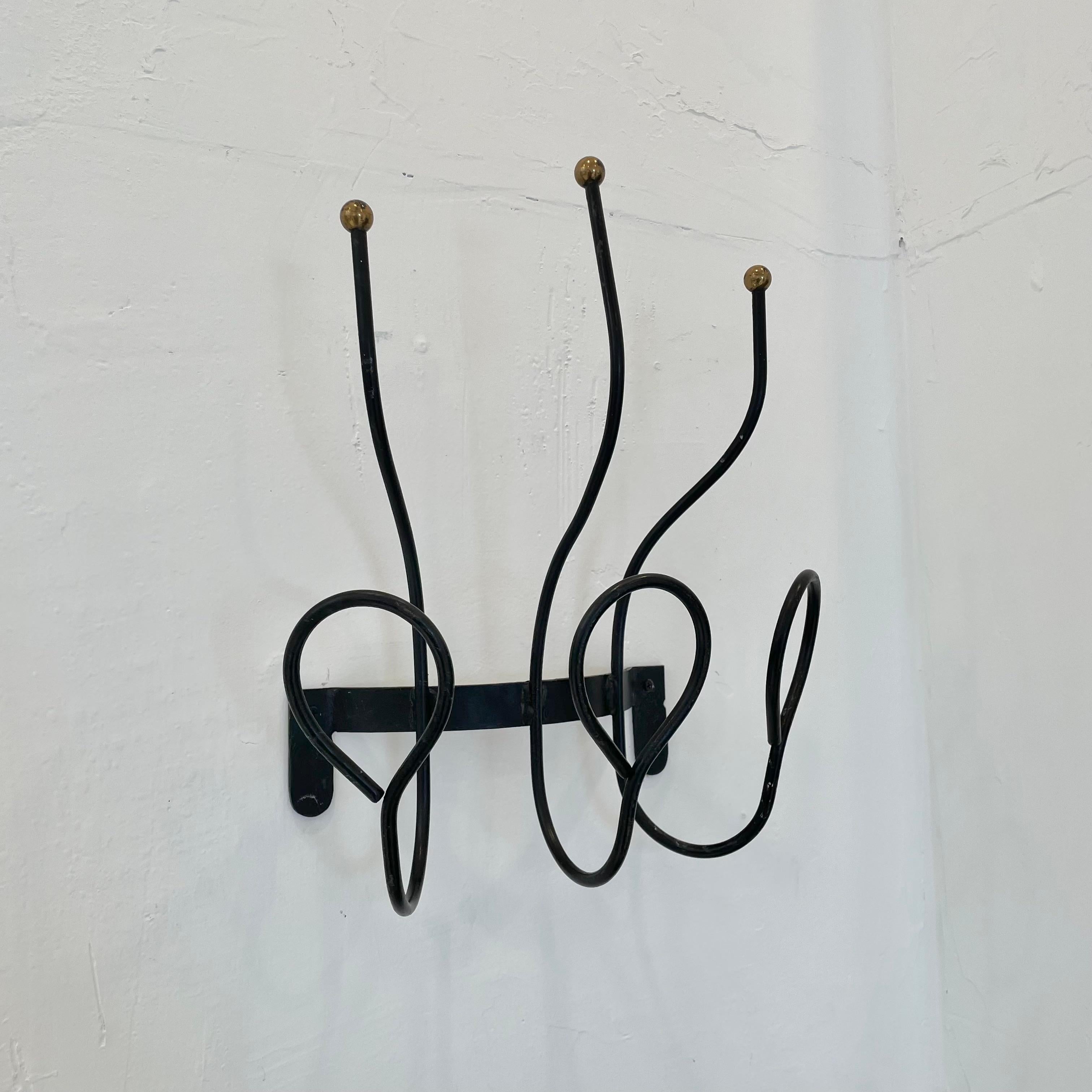 French Jacques Adnet Style Iron and Brass Coat Rack