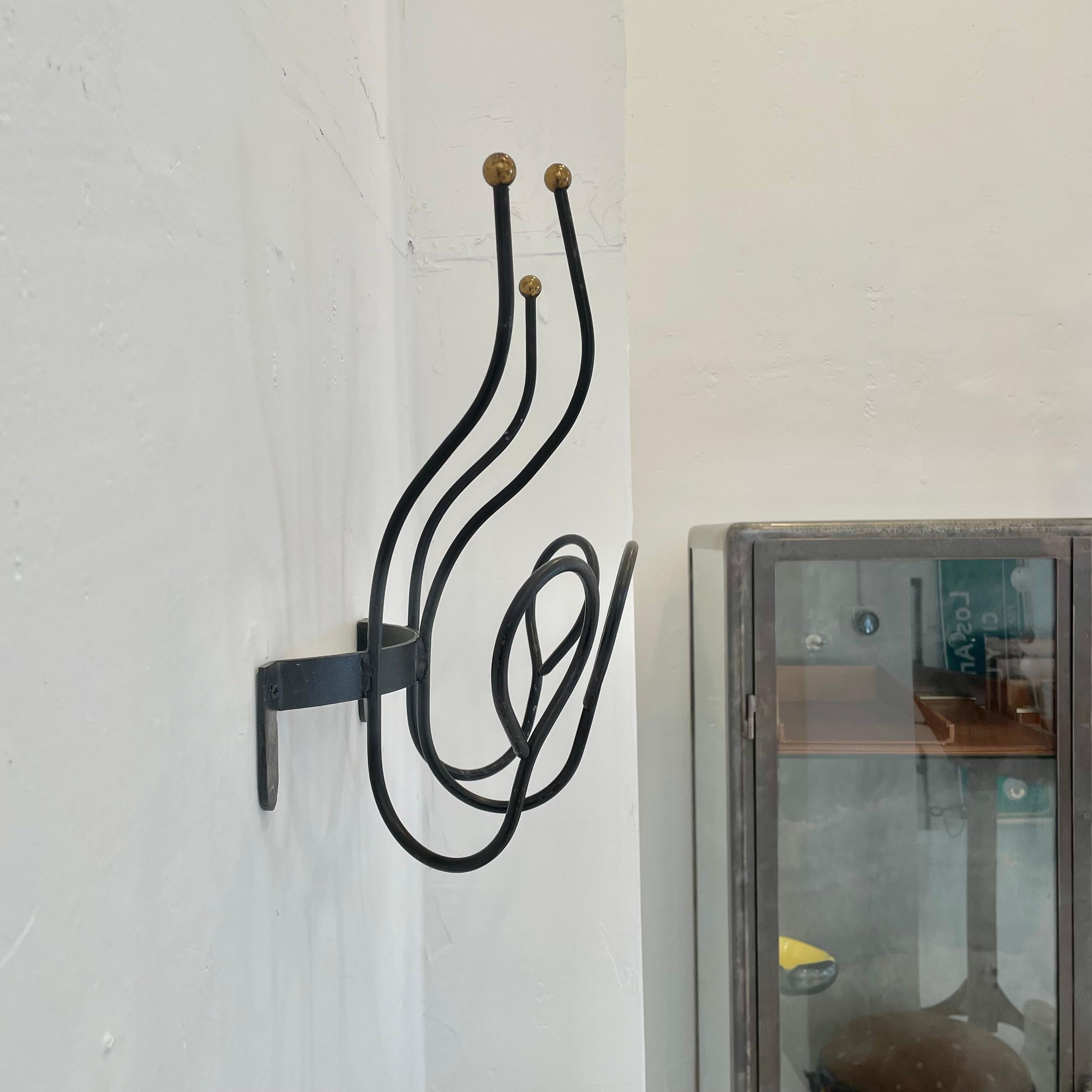 Mid-20th Century Jacques Adnet Style Iron and Brass Coat Rack