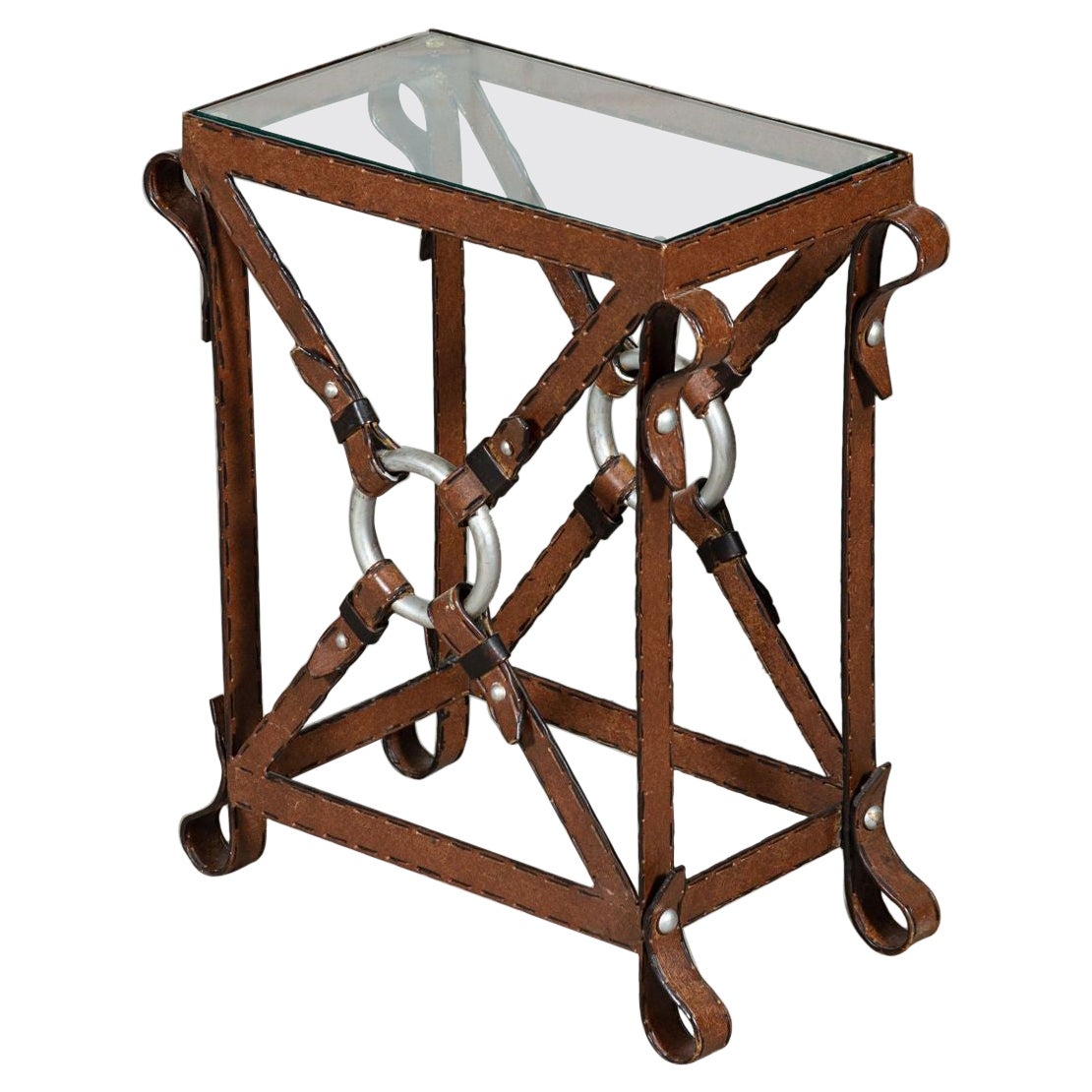 Mesa auxiliar de hierro imitación cuero estilo Jacques Adnet en venta