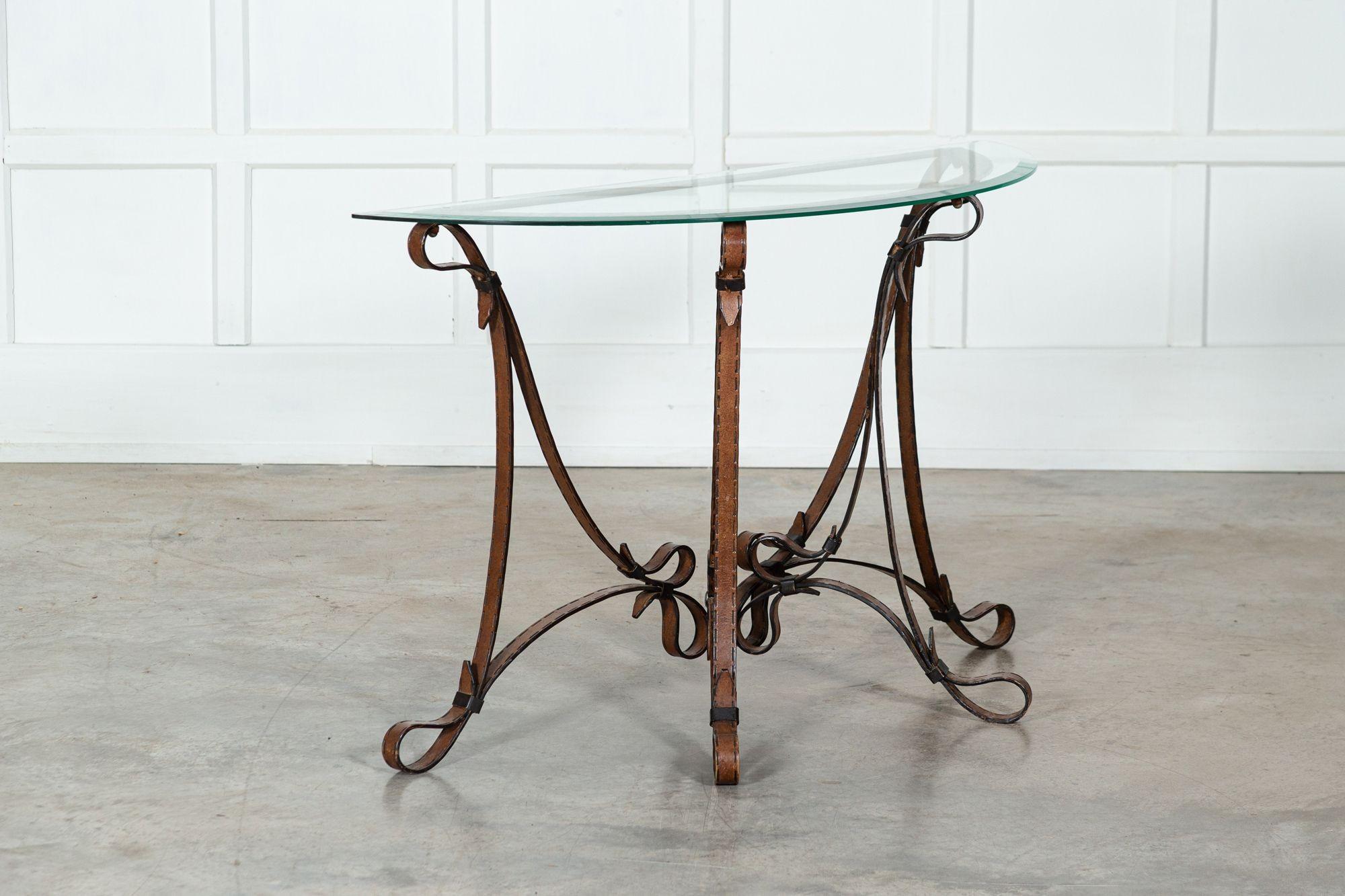 20th Century Jacques Adnet Style Iron Leather Console Table For Sale