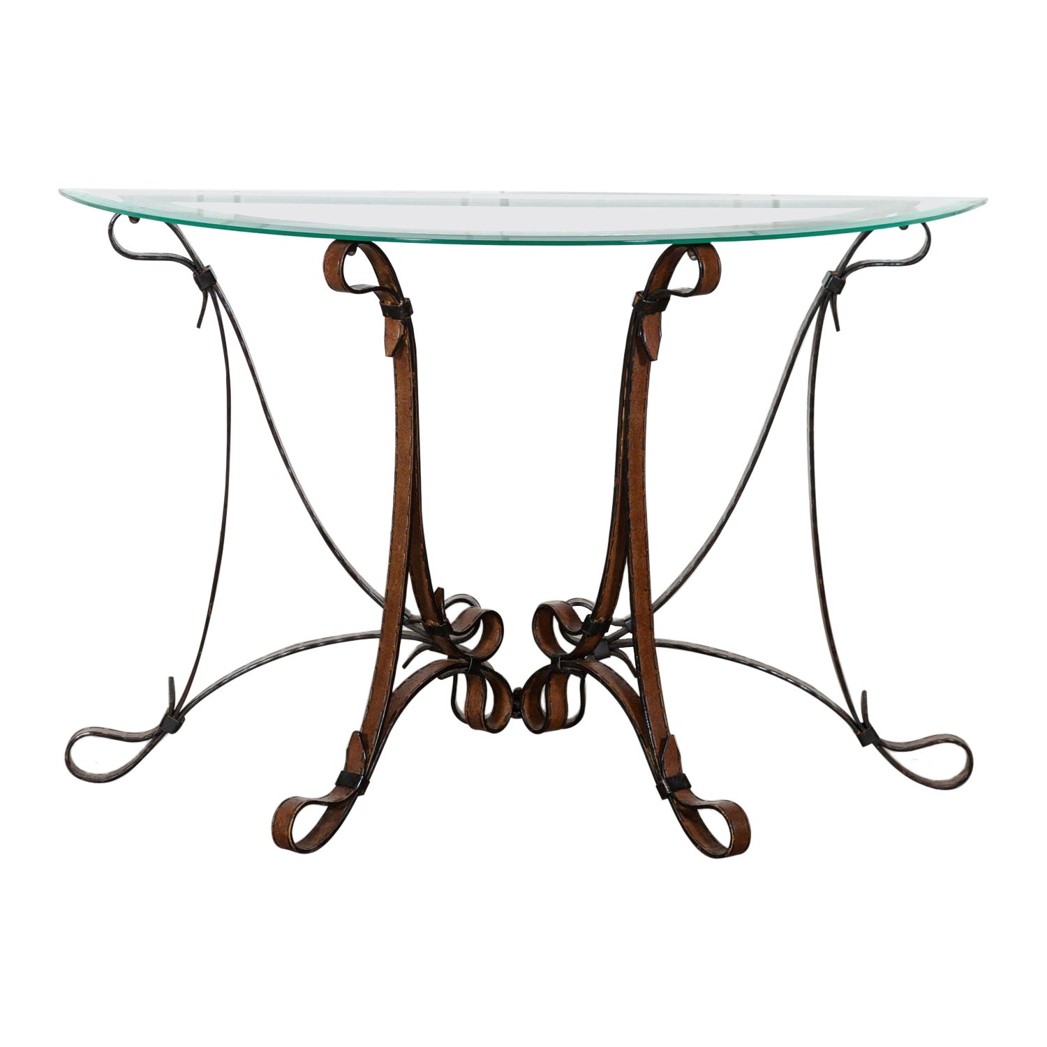 Table console en fer et cuir de style Jacques Adnet