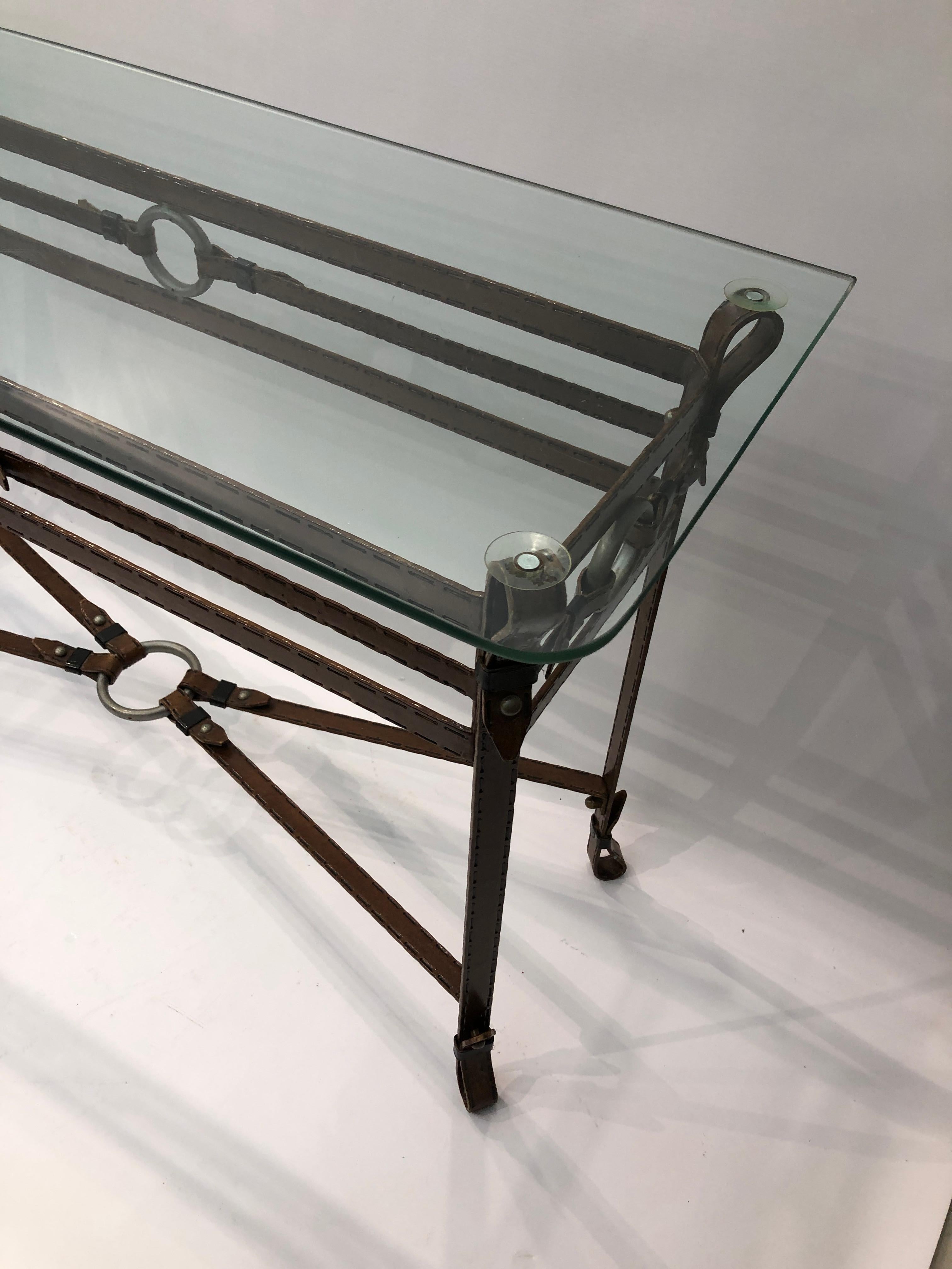 Jacques Adnet Style Iron Leather Console Table Glass Metal 1970s Mid-Century For Sale 4