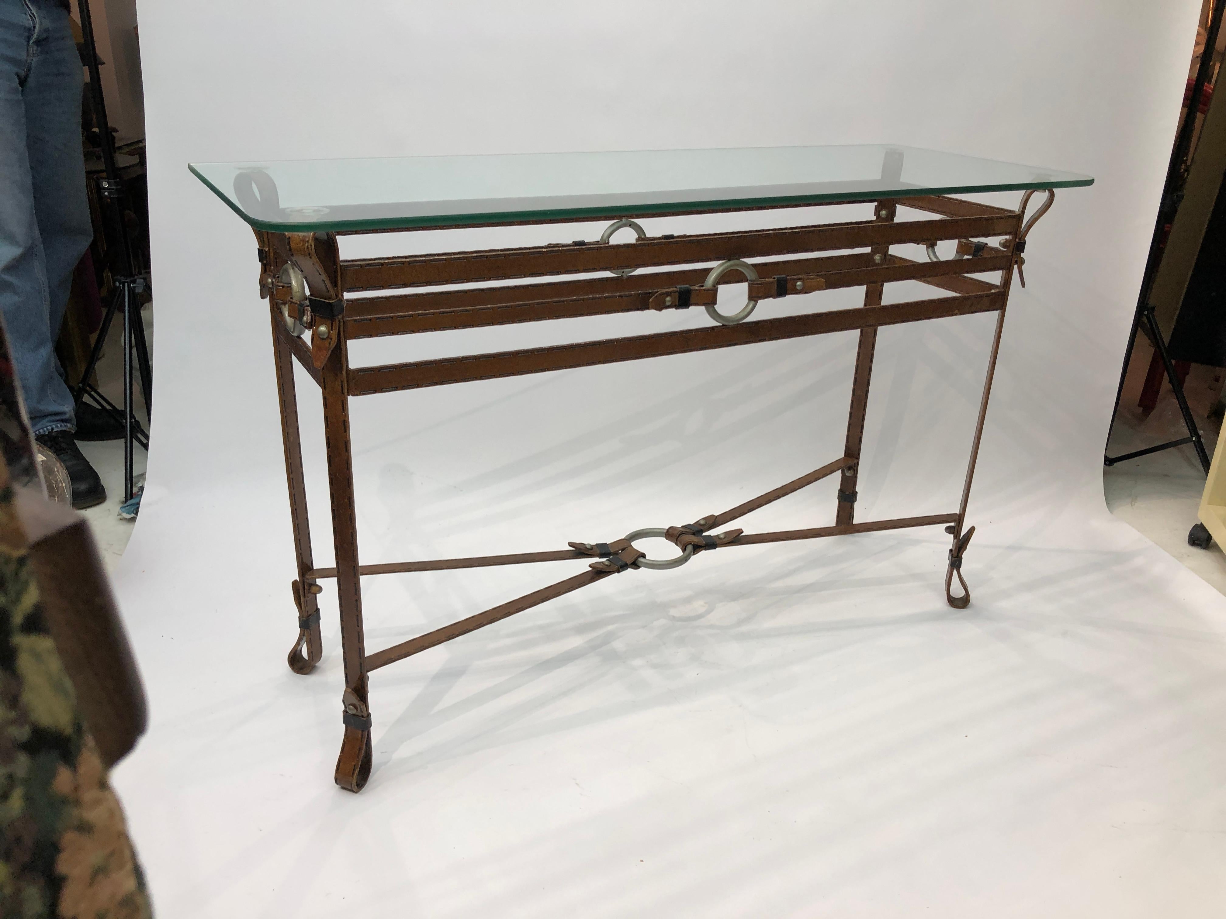 Jacques Adnet Style Iron Leather Console Table Glass Metal 1970s Mid-Century For Sale 11