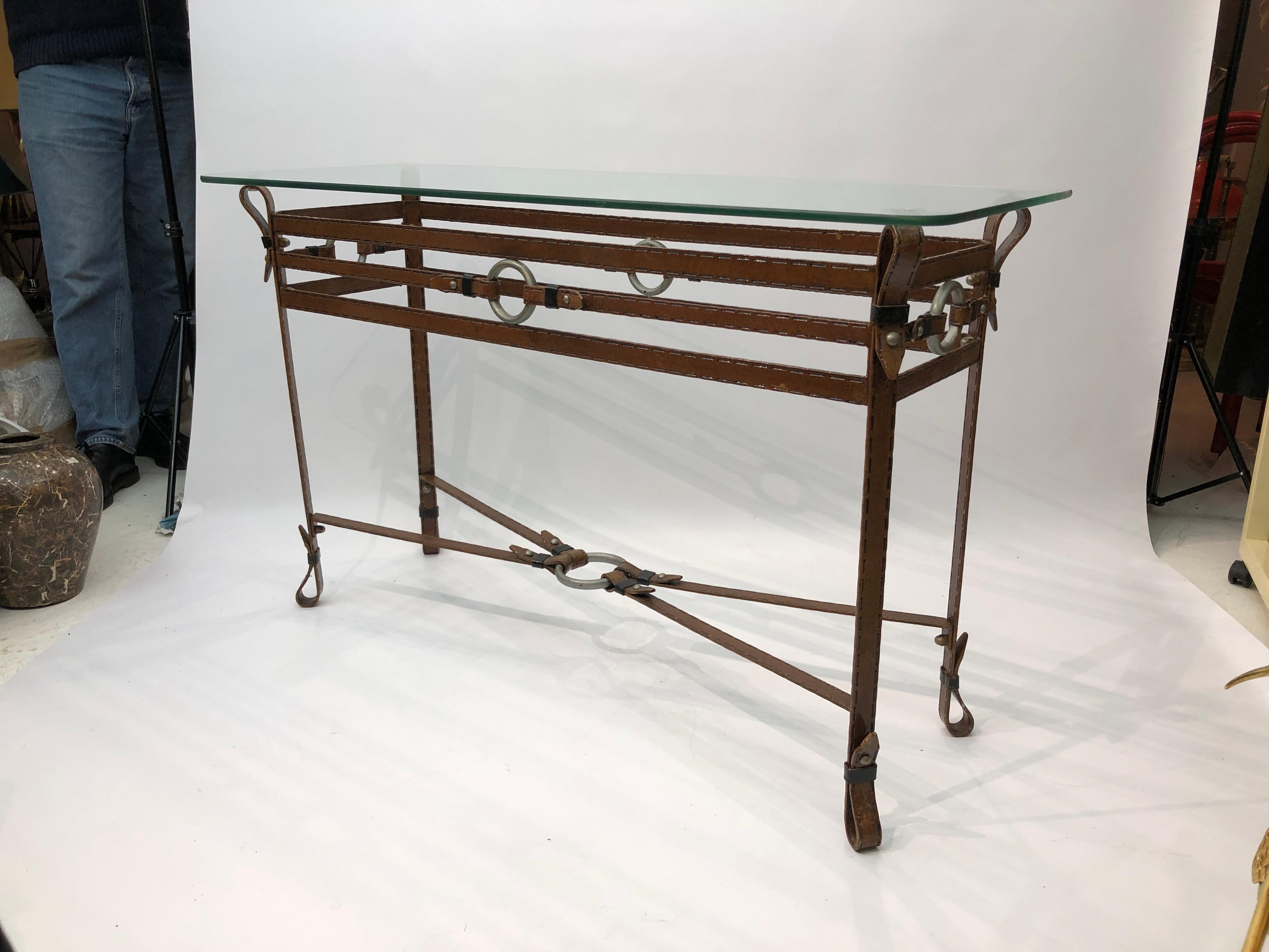 Jacques Adnet Style Iron Leather Console Table Glass Metal 1970s Mid-Century For Sale 12