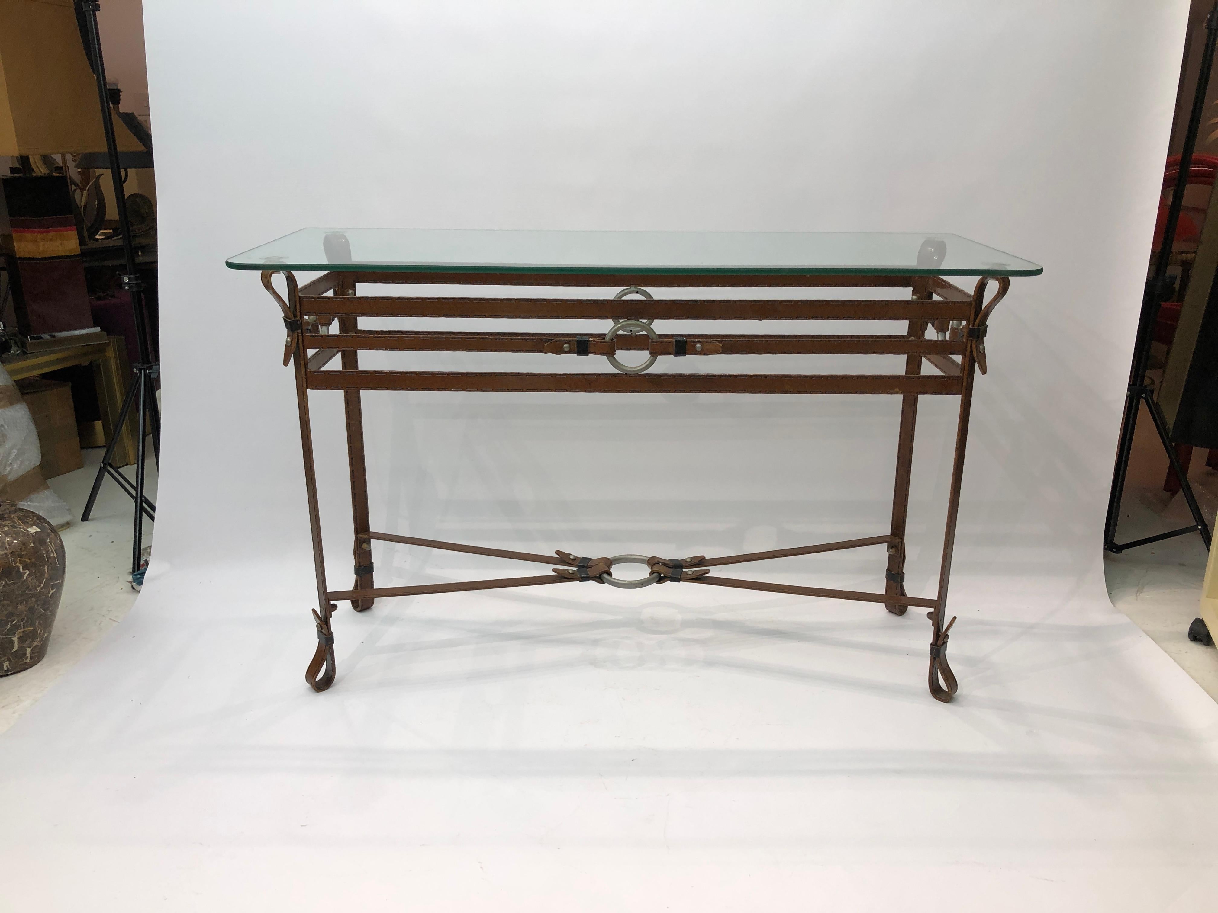 Mid-Century Modern Jacques Adnet Style Iron Leather Console Table Glass Metal 1970s Mid-Century For Sale