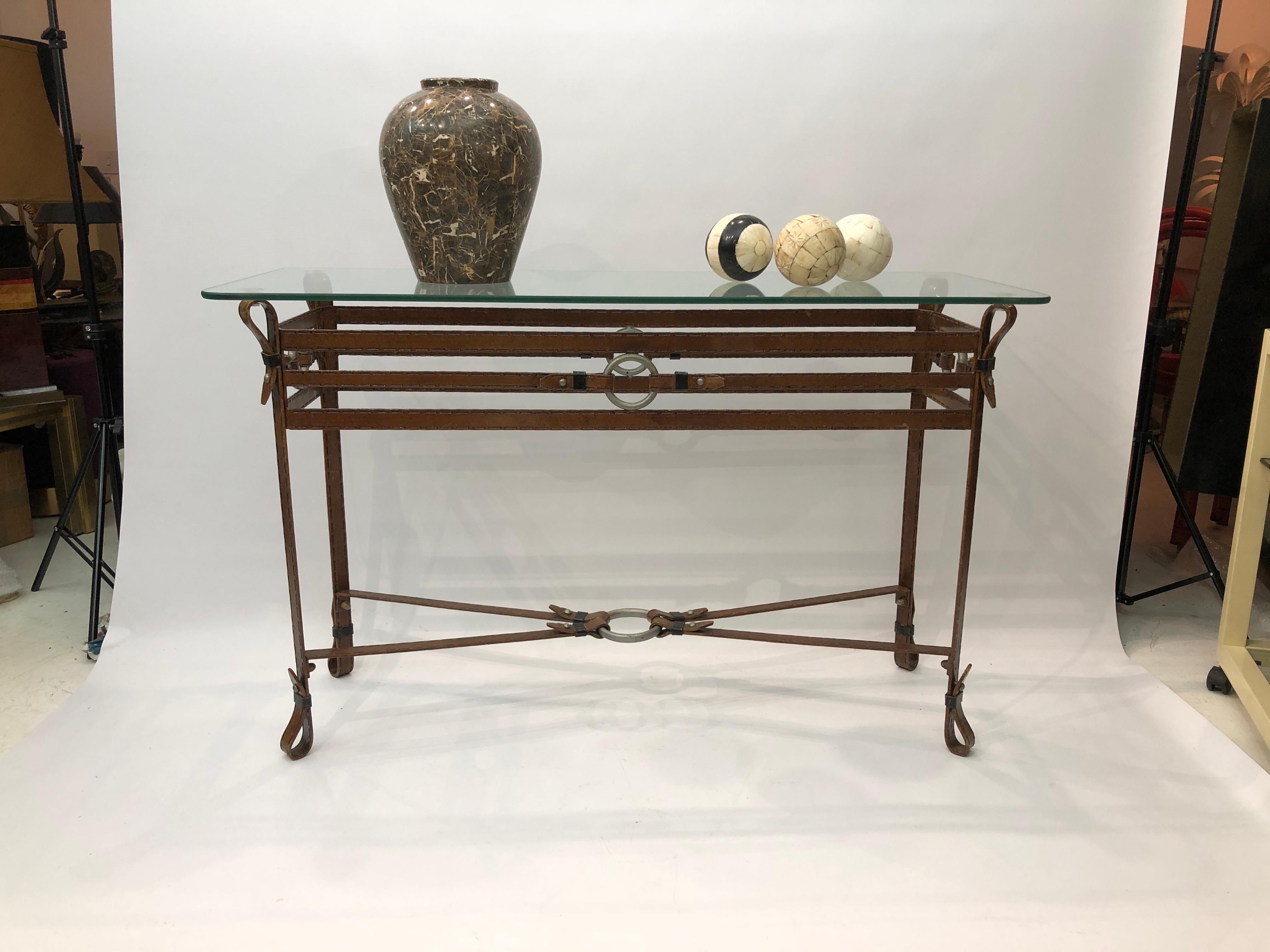 French Jacques Adnet Style Iron Leather Console Table Glass Metal 1970s Mid-Century For Sale