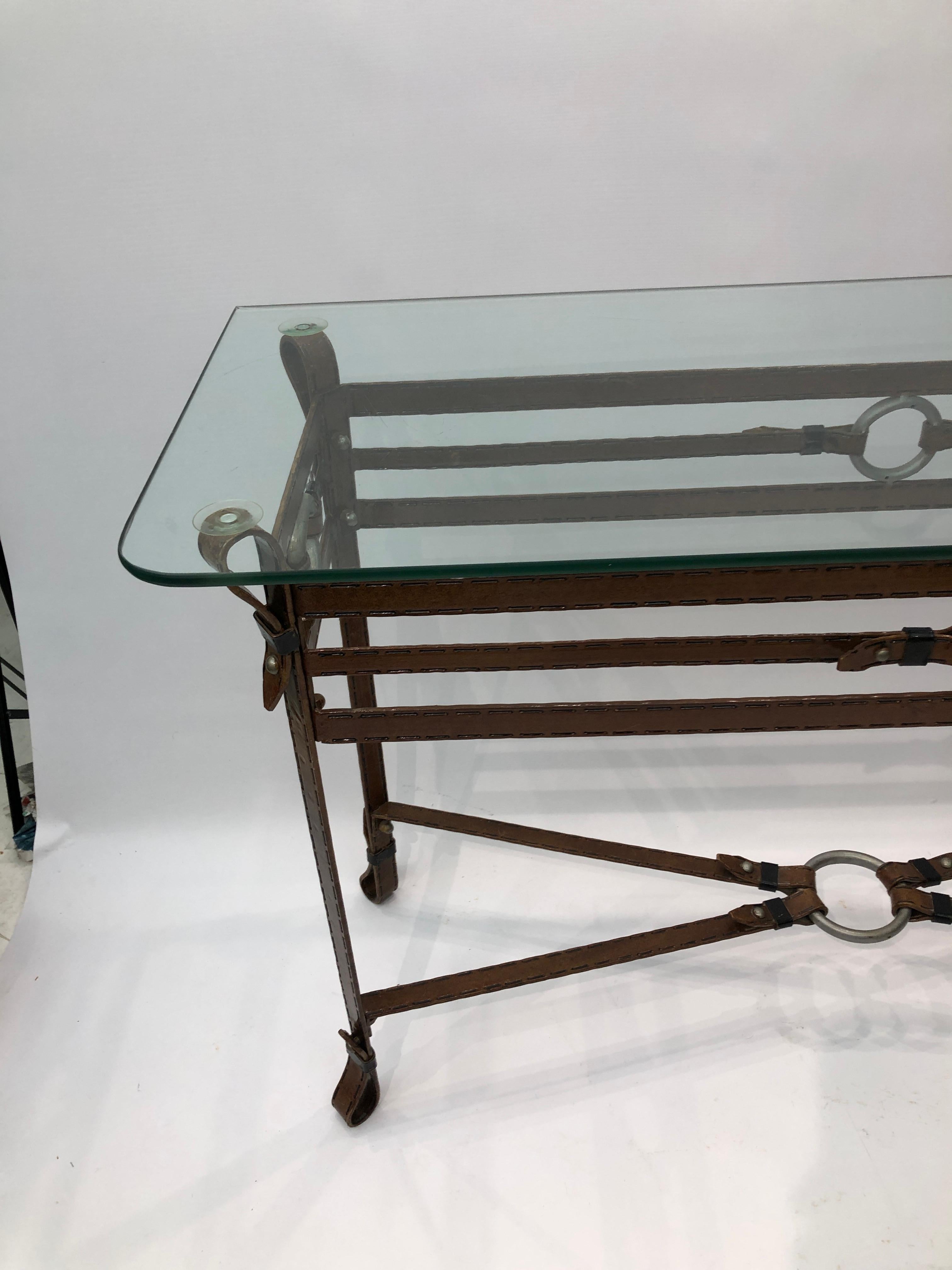 Late 20th Century Jacques Adnet Style Iron Leather Console Table Glass Metal 1970s Mid-Century For Sale